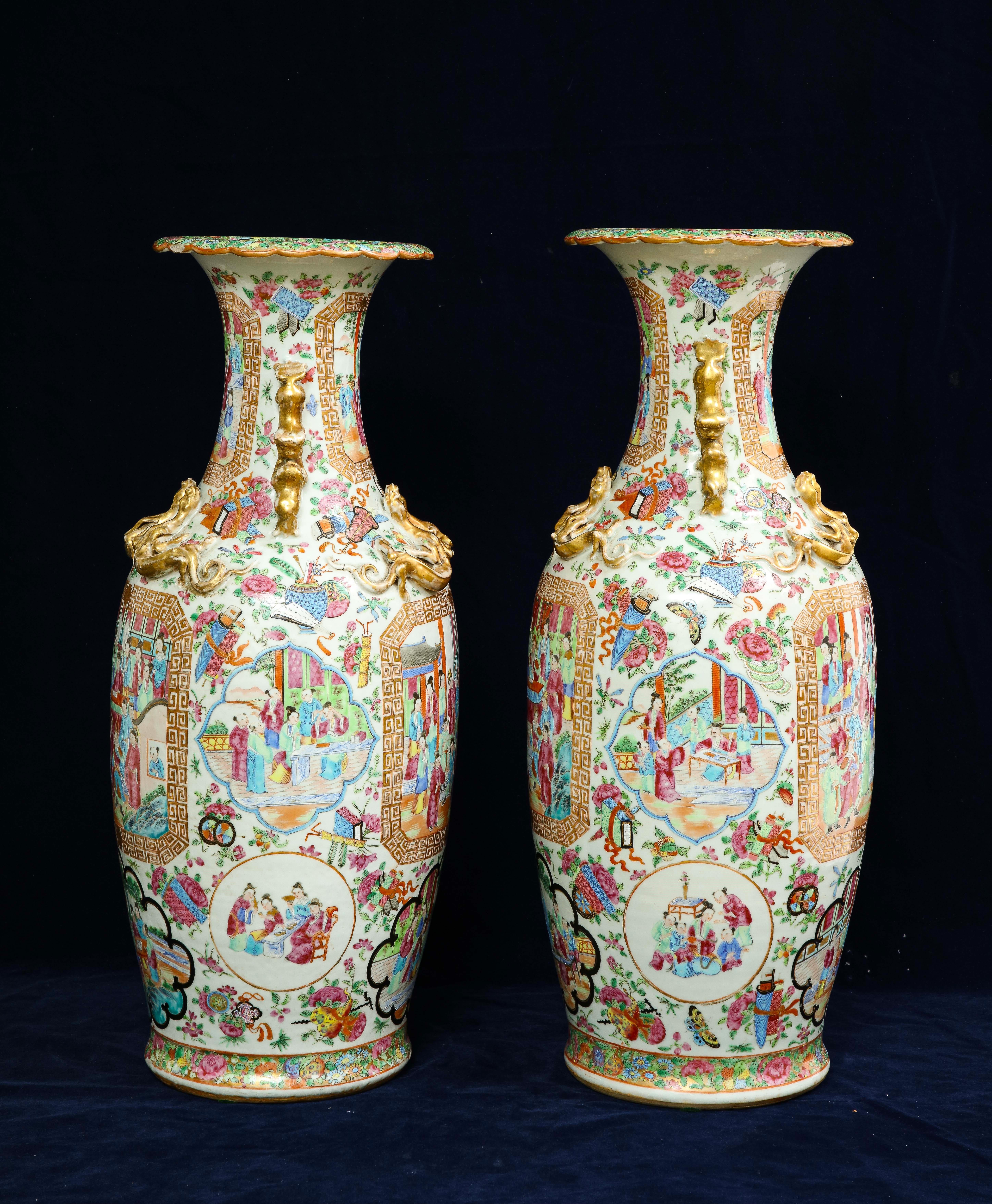 Qing Pr. 19th Century Chinese Rose Medallion Porcelain Vases, w/ Imperial Court Scene For Sale