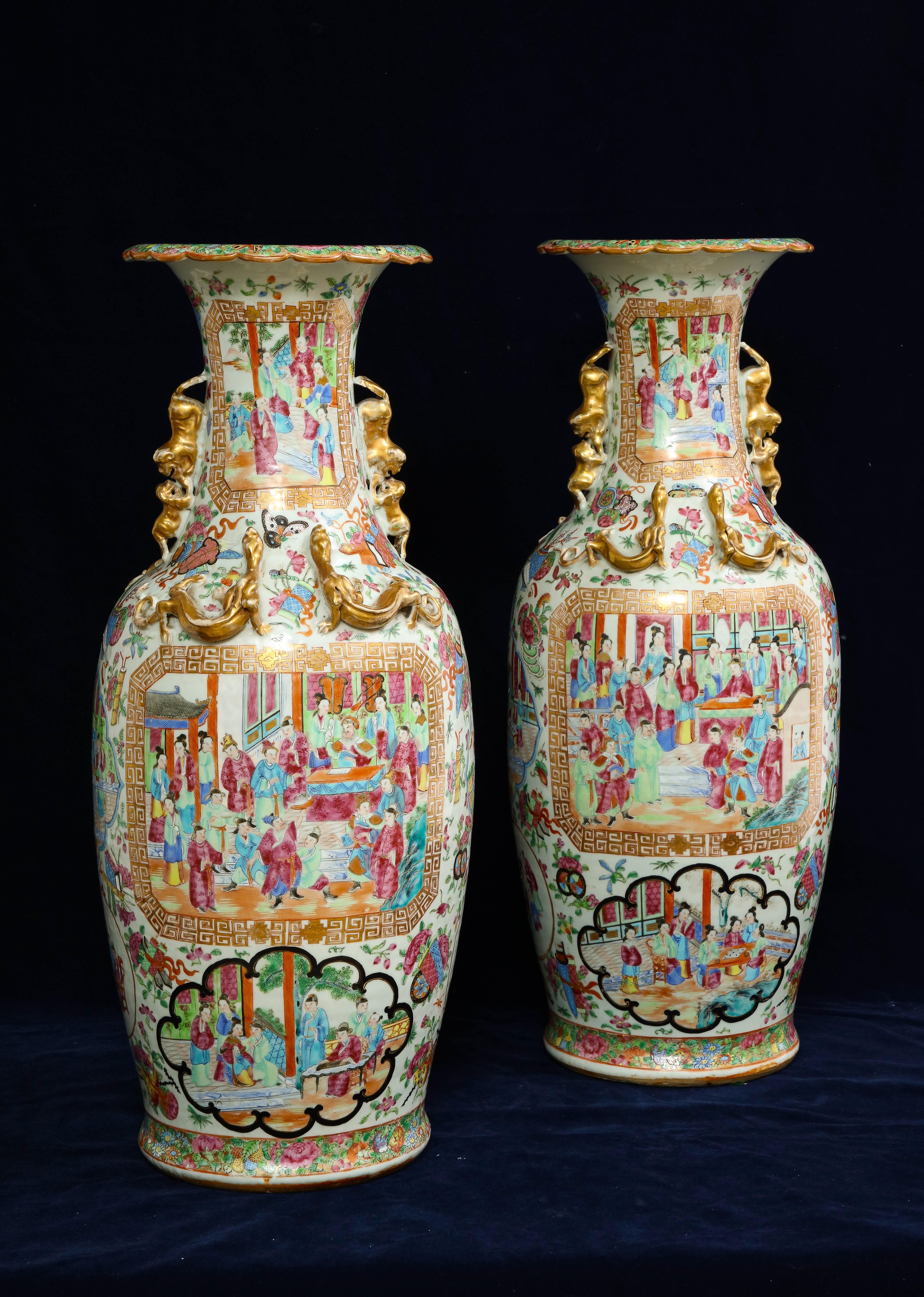 Hand-Painted Pr. 19th Century Chinese Rose Medallion Porcelain Vases, w/ Imperial Court Scene For Sale