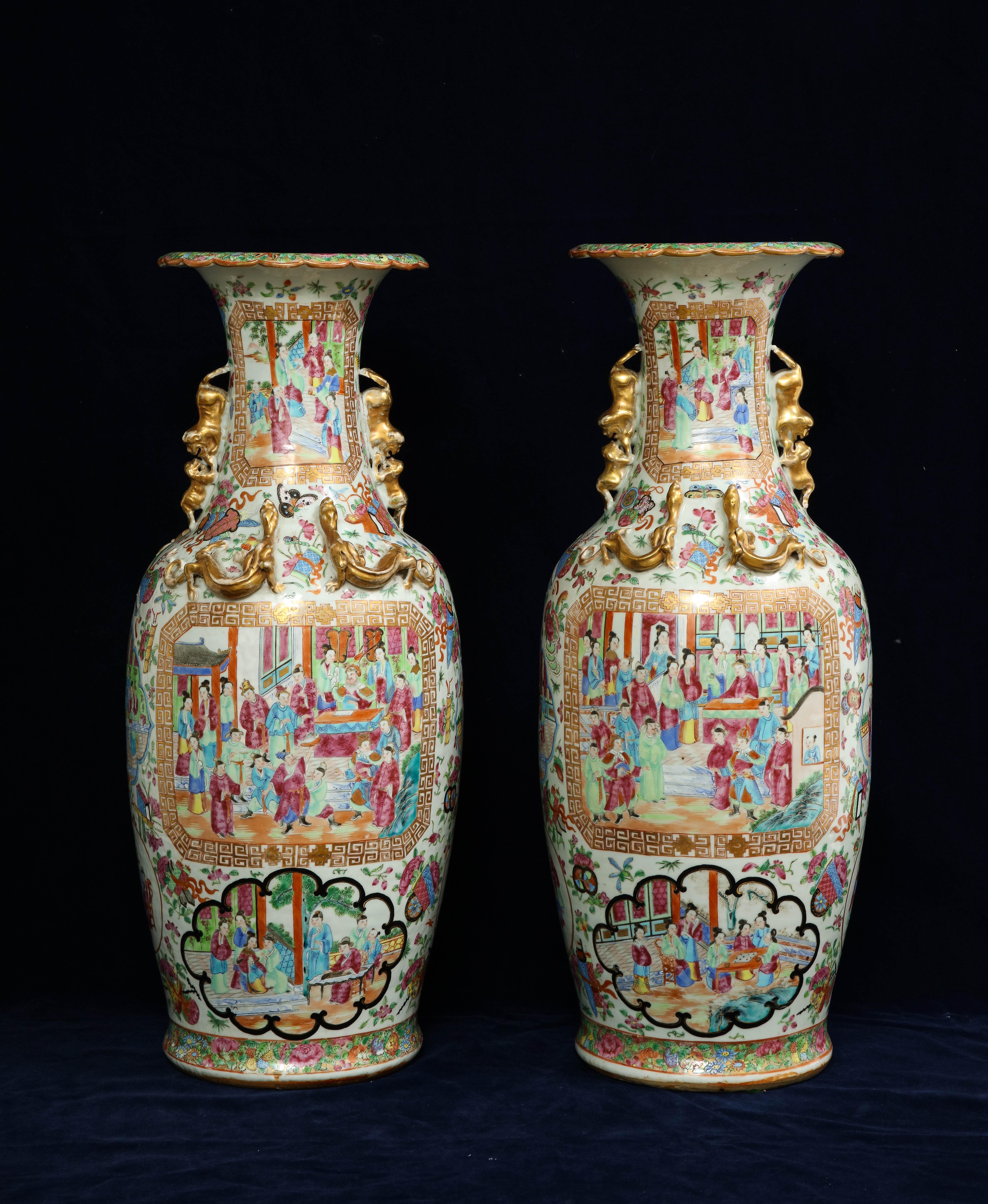 Mid-19th Century Pr. 19th Century Chinese Rose Medallion Porcelain Vases, w/ Imperial Court Scene For Sale