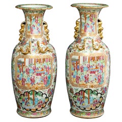 Pr. 19th Century Chinese Rose Medallion Porcelain Vases, w/ Imperial Court Scene