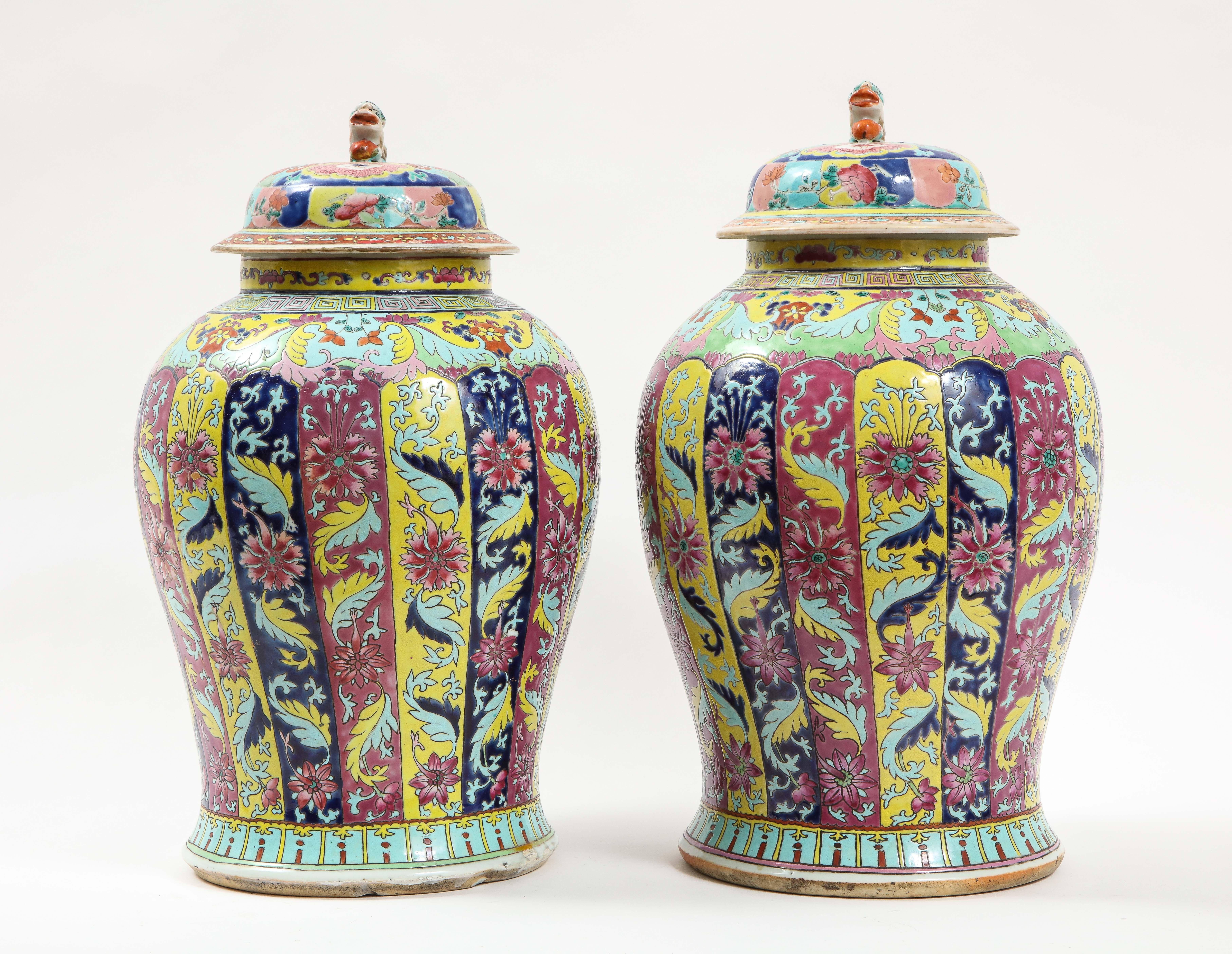 Hand-Painted Pr. 19th Century Famille Rose Baluster Form Covered Vases, Henry Ford Collection For Sale