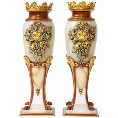 Pr 19th Century French Dore & Patinated Bronze Mounted Alabaster Lions Mask Urns