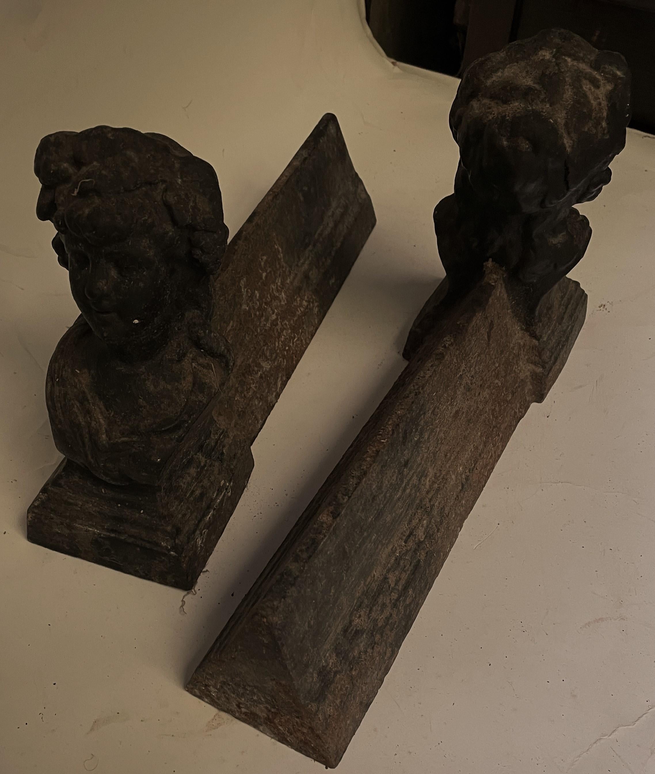 Pr 19th Century French Figural Young Lady Cast Iron Fireplace Andirons Firedogs en vente 4