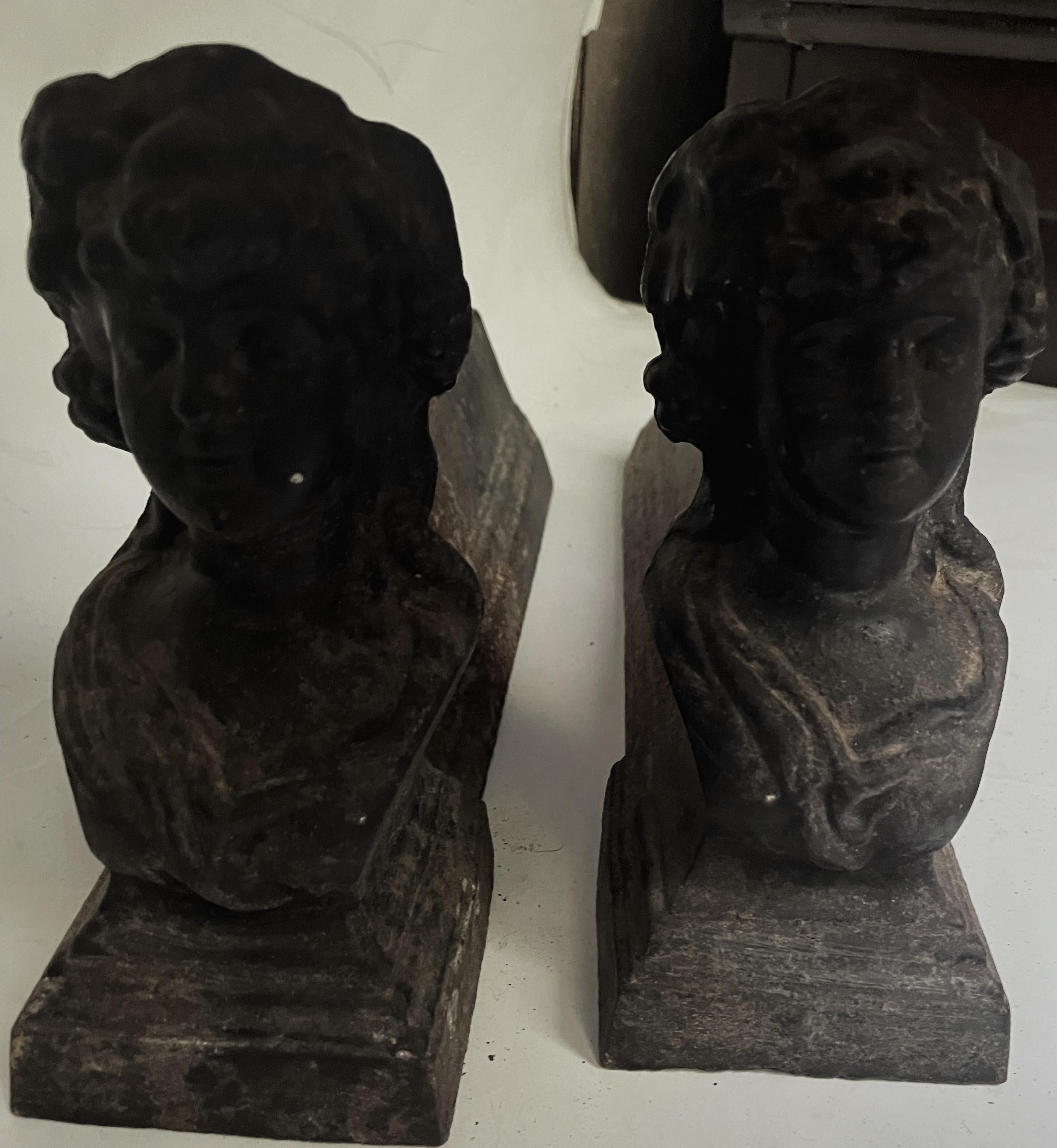 Pr 19th Century French Figural Young Lady Cast Iron Fireplace Andirons Firedogs en vente 5