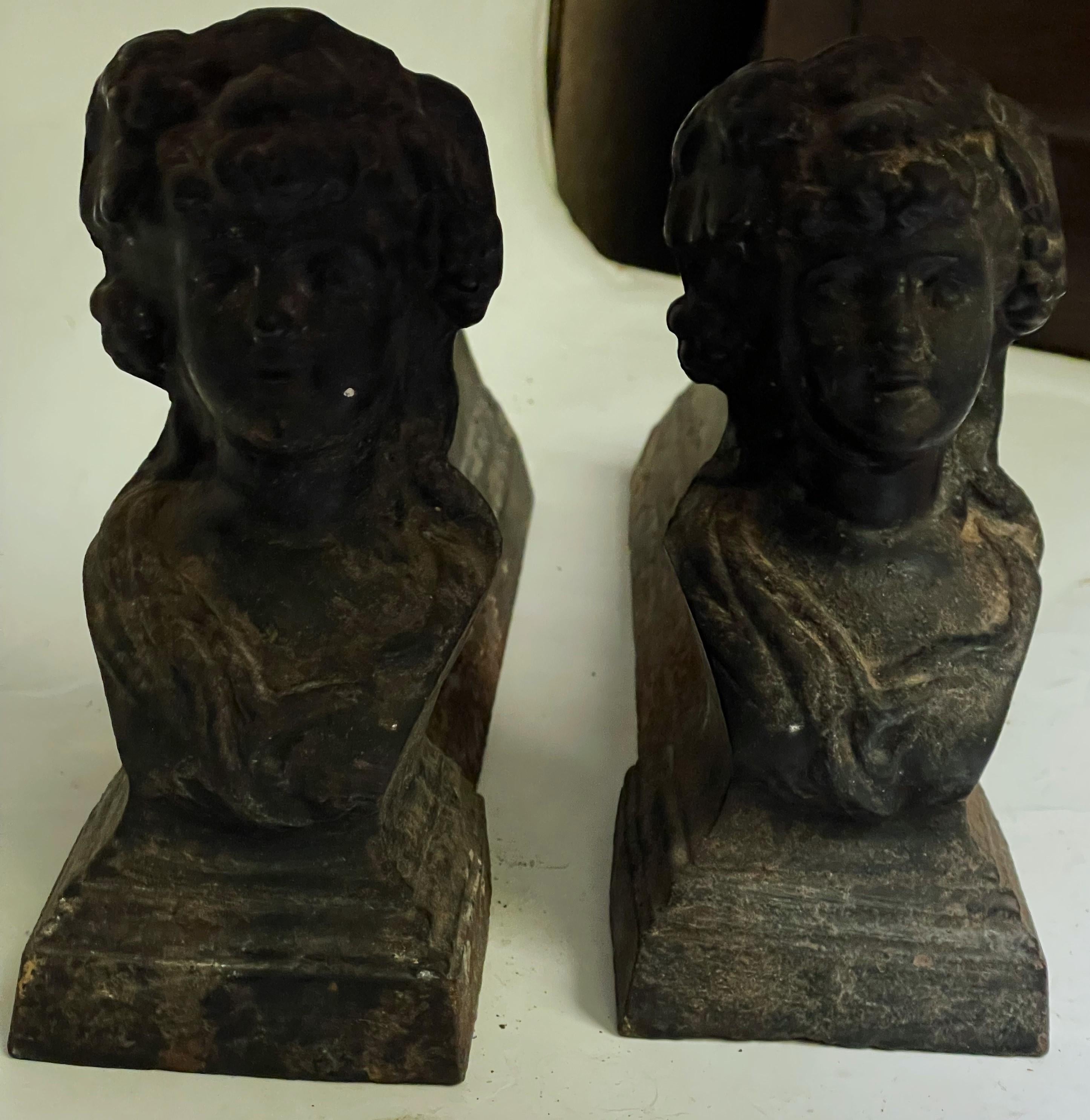 Pr 19th Century French Figural Young Lady Cast Iron Fireplace Andirons Firedogs en vente 6