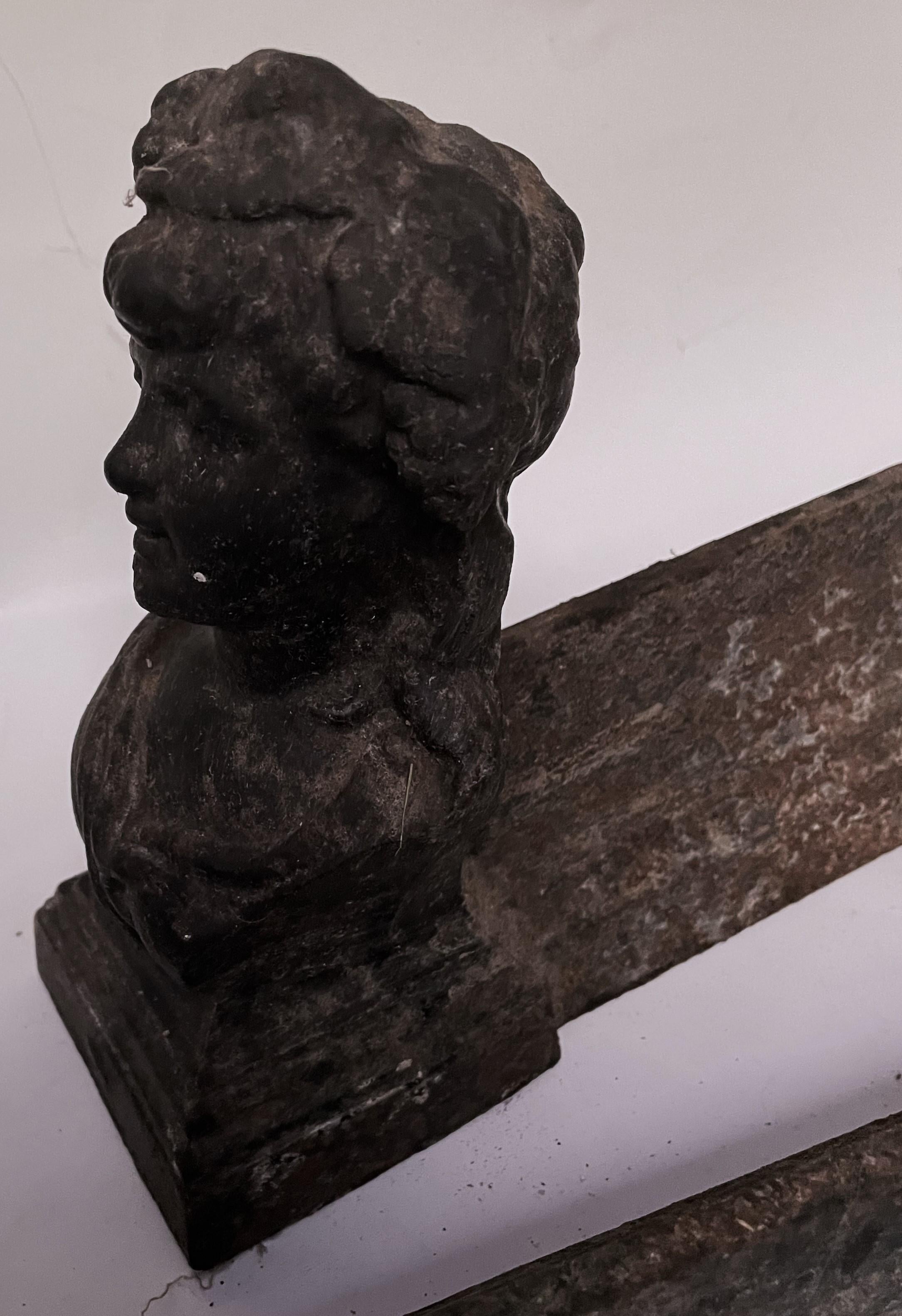 Fer Pr 19th Century French Figural Young Lady Cast Iron Fireplace Andirons Firedogs en vente