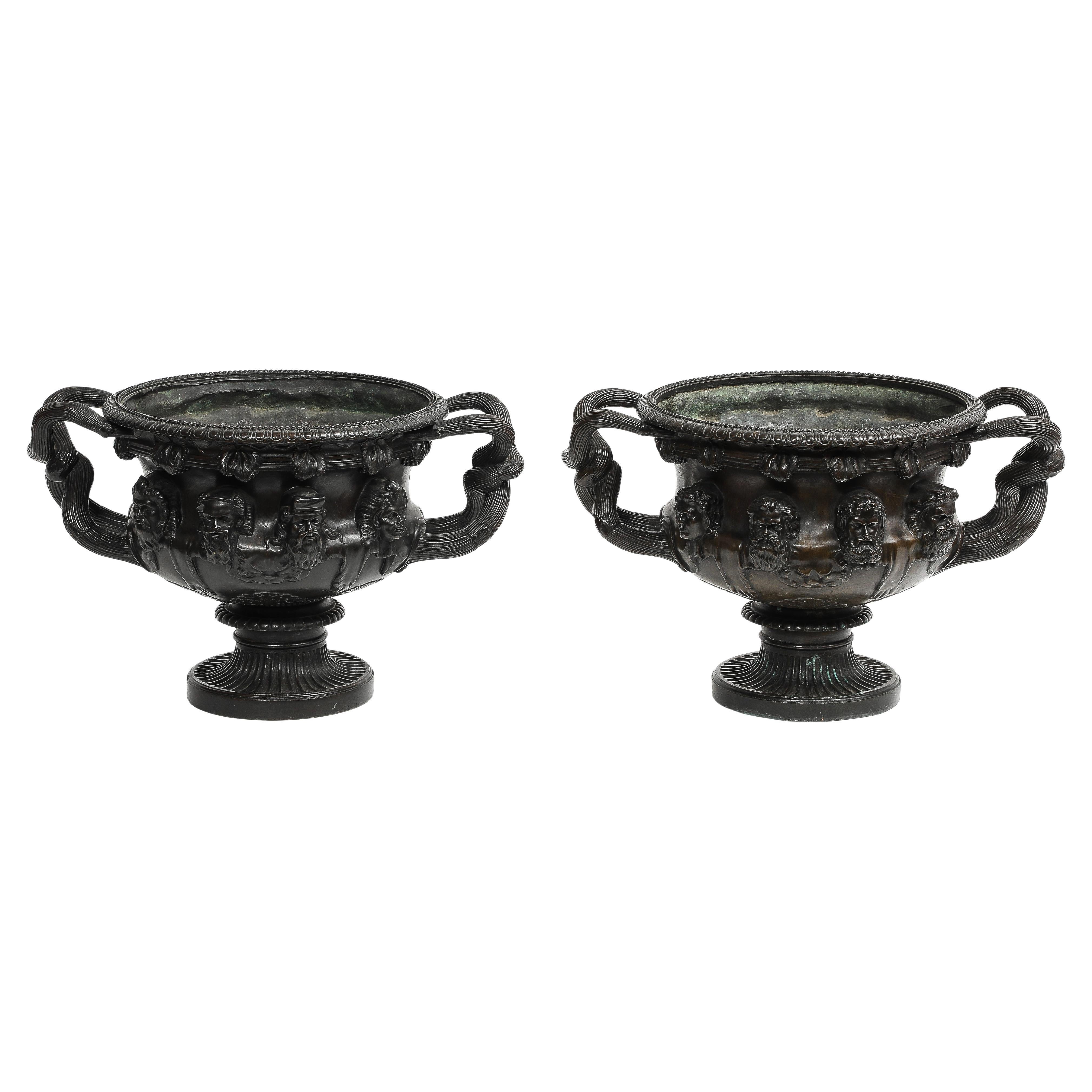 Pr. 19th Century Grand Tour Patinated Bronze Warwick Vases with Bacchic masks