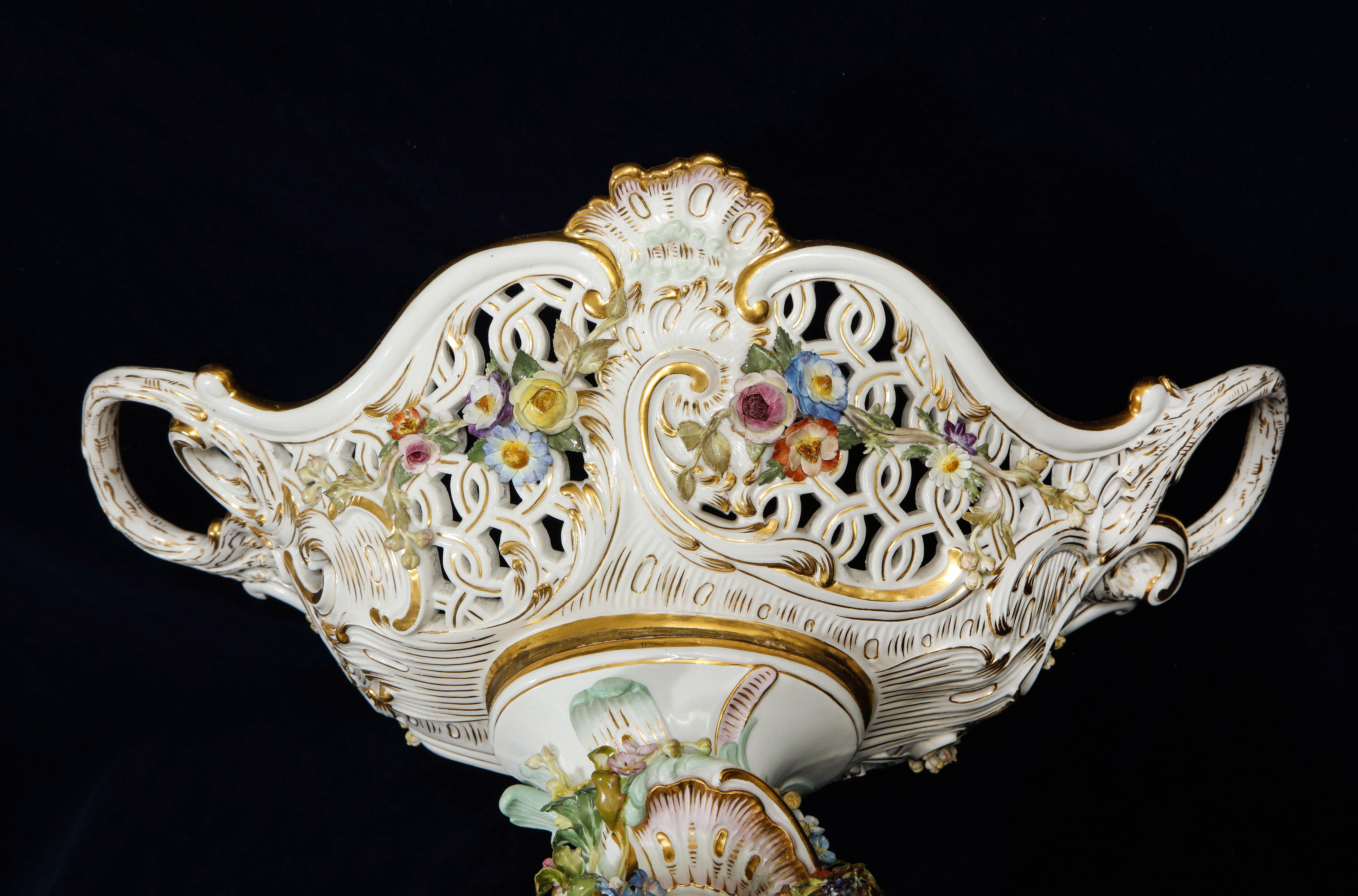 Pr. 19th Century Meissen Porcelain 4-Seasons Reticulated Basket-Top Centerpieces 4