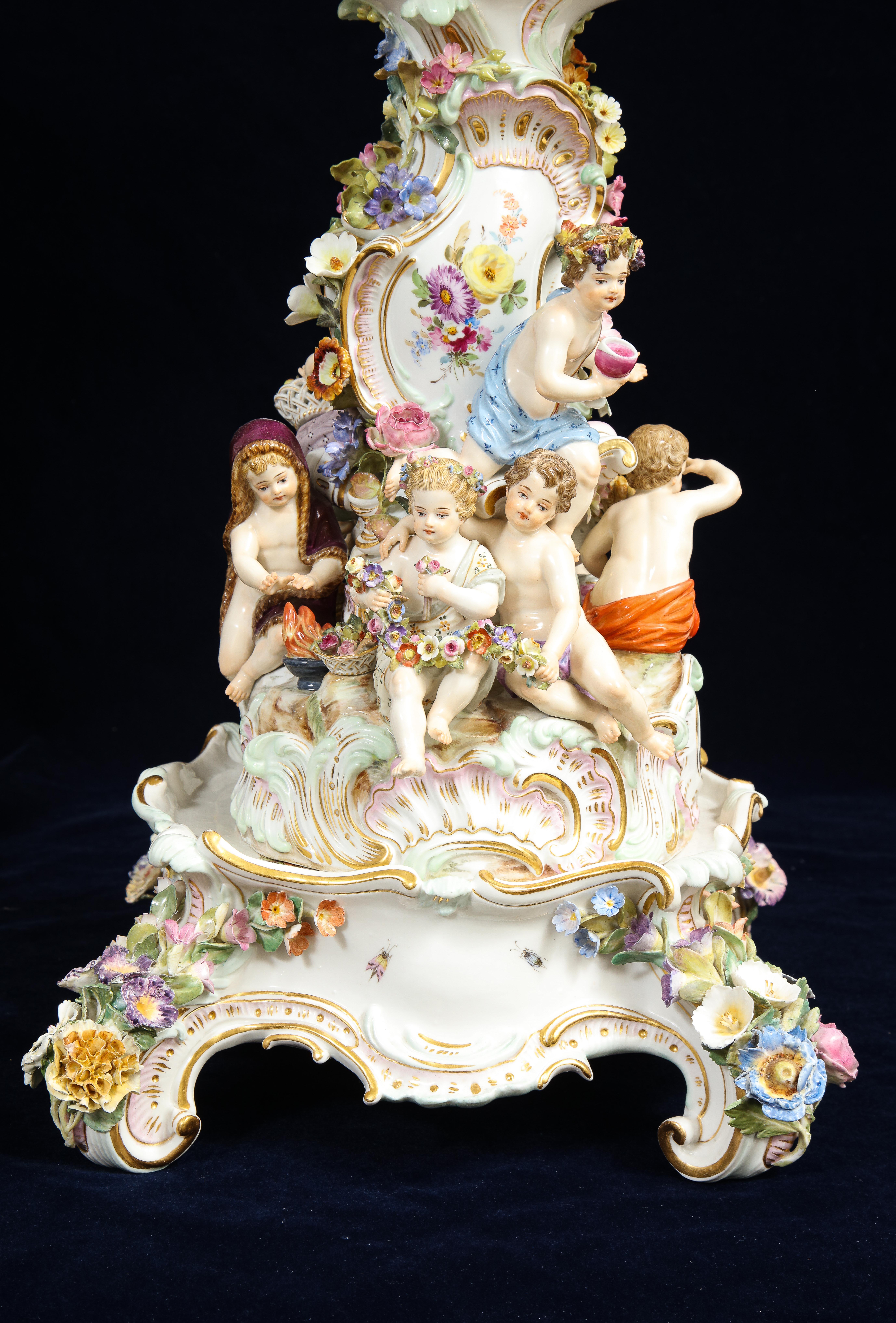 Pr. 19th Century Meissen Porcelain 4-Seasons Reticulated Basket-Top Centerpieces 10