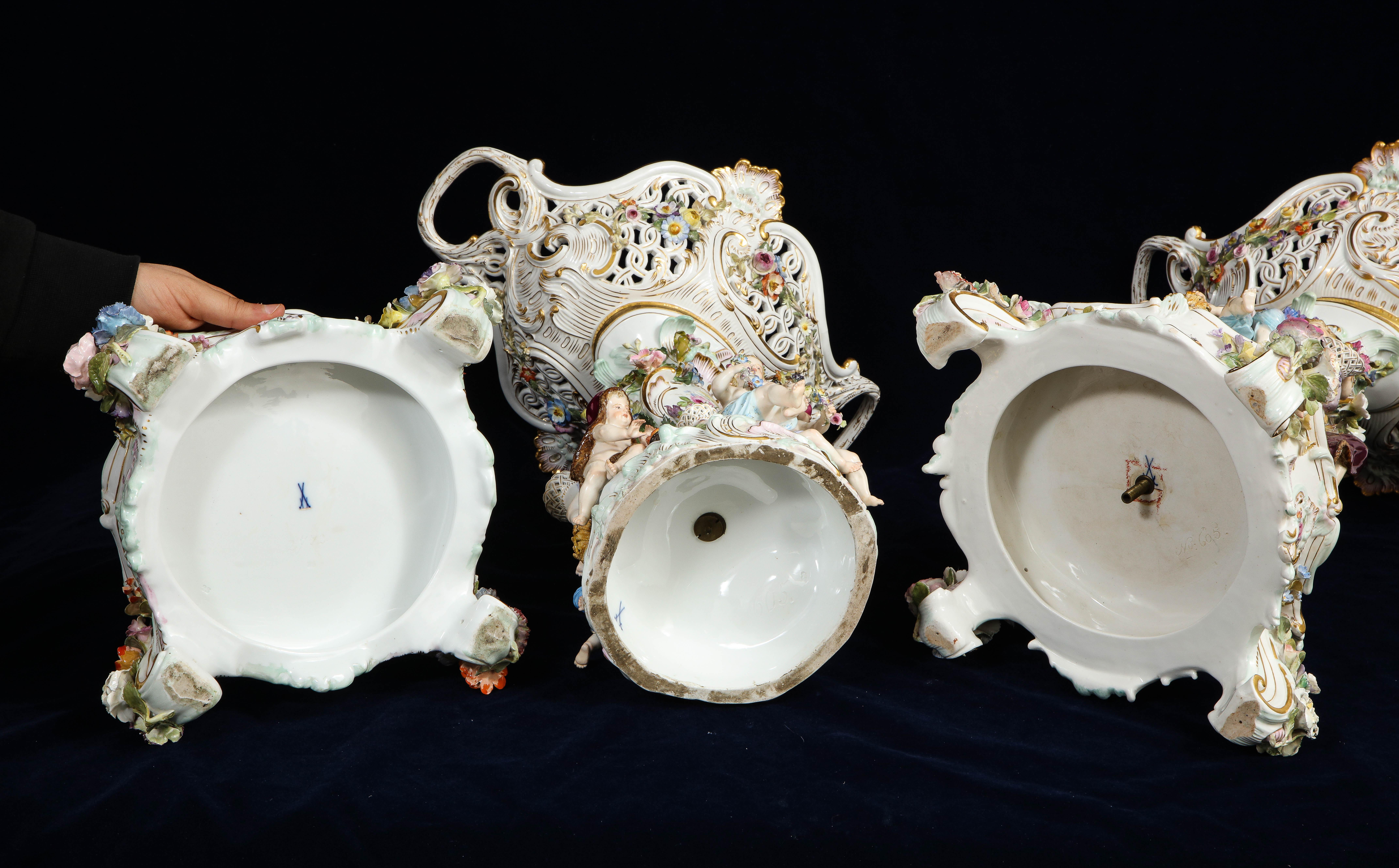 Pr. 19th Century Meissen Porcelain 4-Seasons Reticulated Basket-Top Centerpieces 12