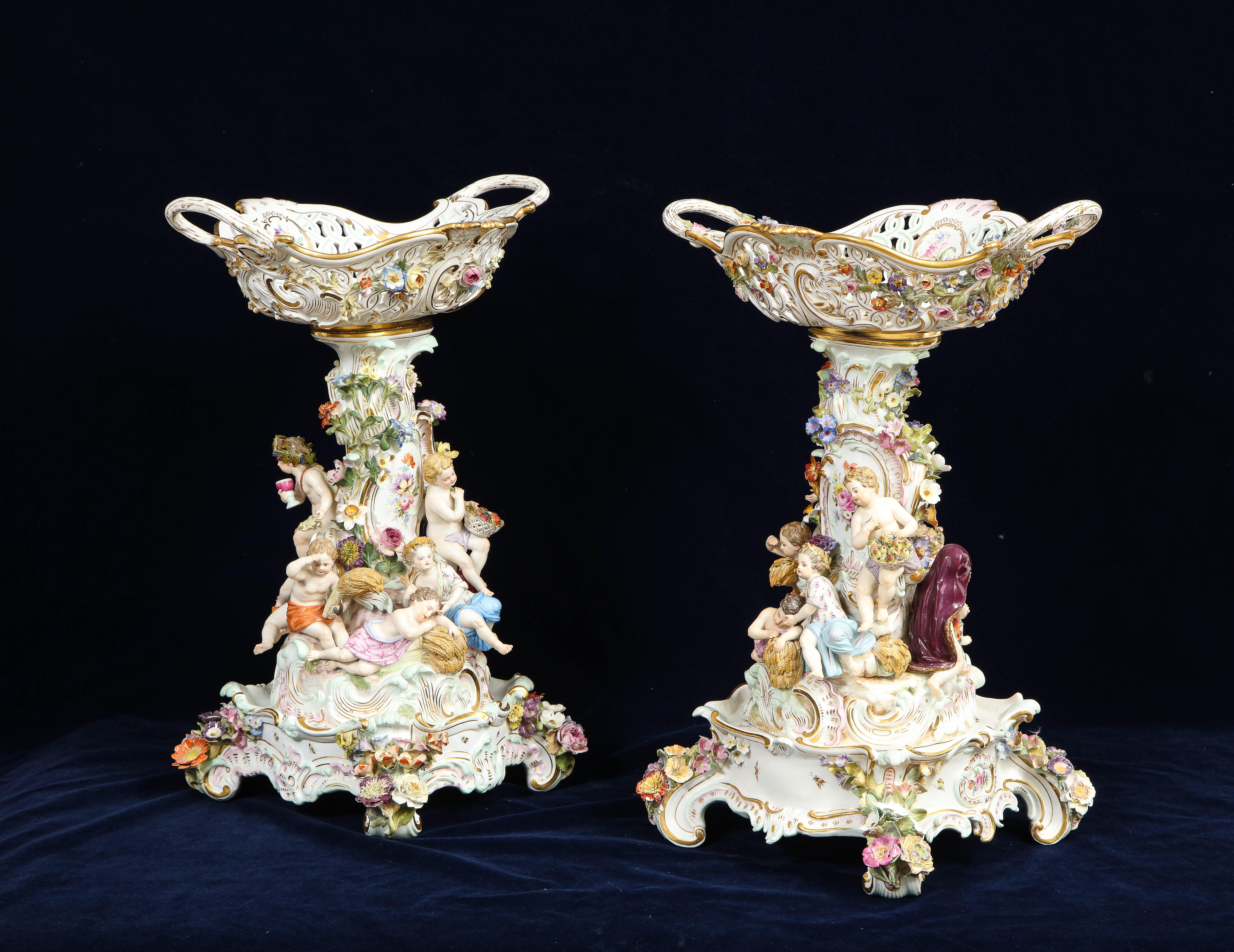 Rococo Pr. 19th Century Meissen Porcelain 4-Seasons Reticulated Basket-Top Centerpieces