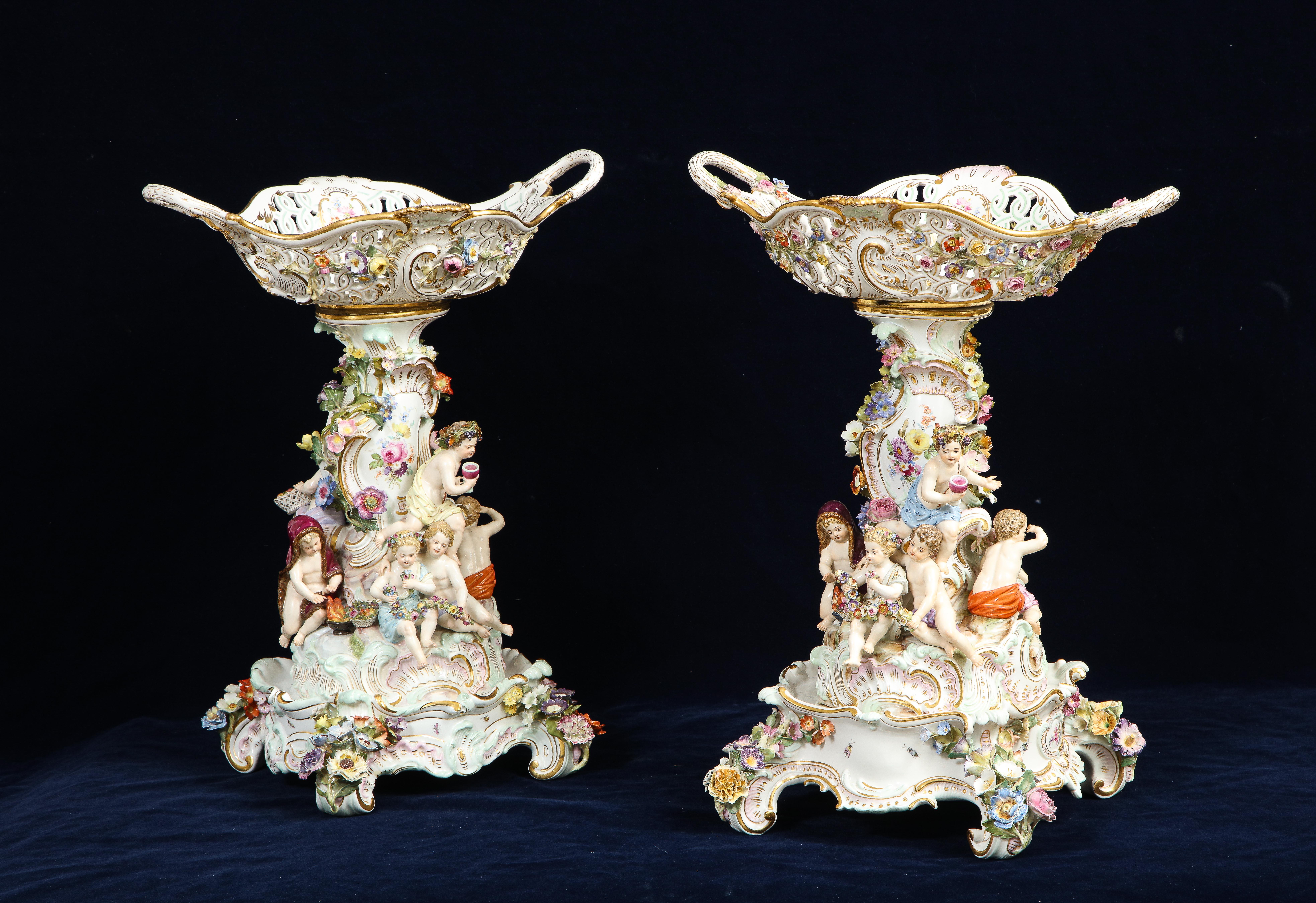 German Pr. 19th Century Meissen Porcelain 4-Seasons Reticulated Basket-Top Centerpieces