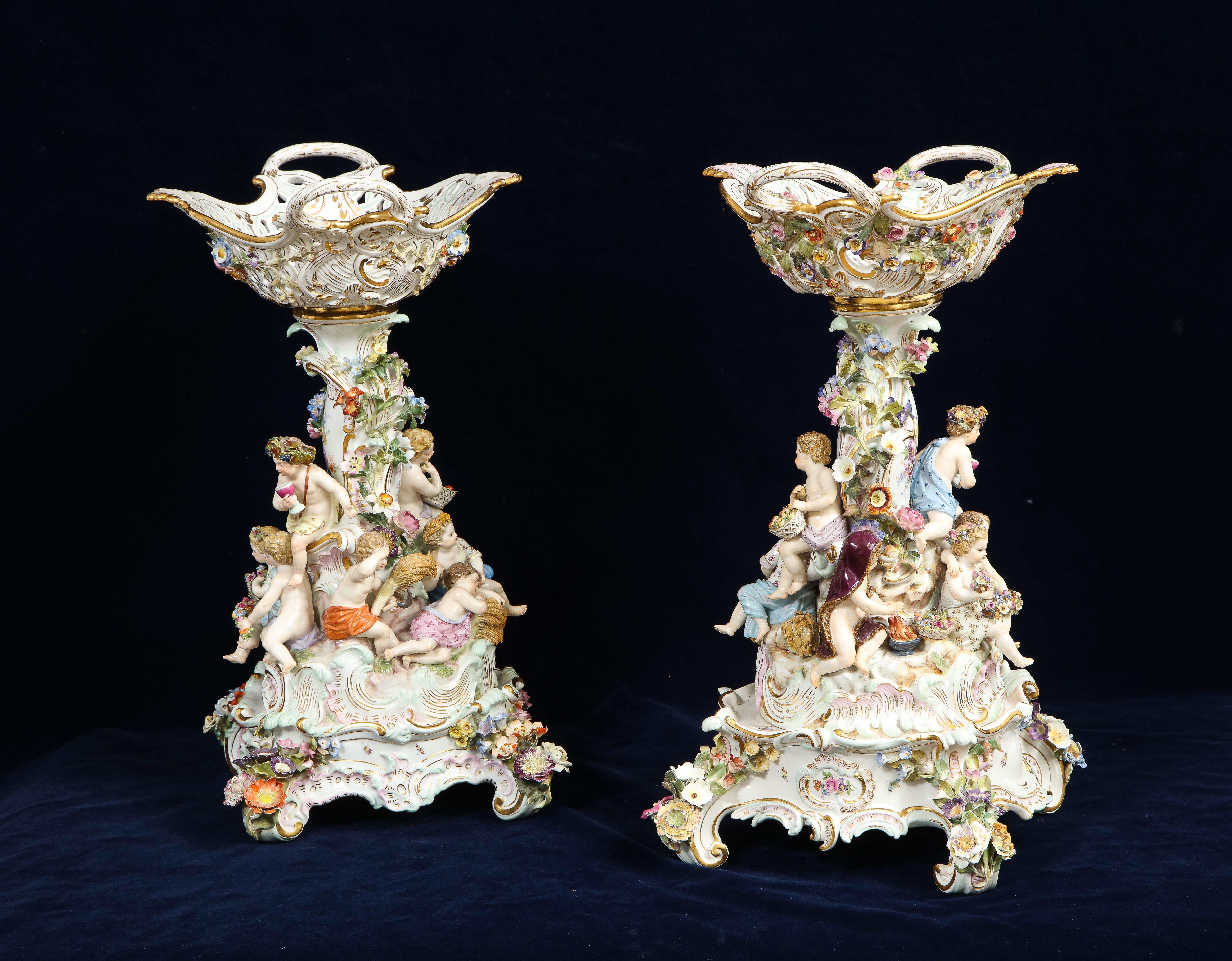 Hand-Carved Pr. 19th Century Meissen Porcelain 4-Seasons Reticulated Basket-Top Centerpieces