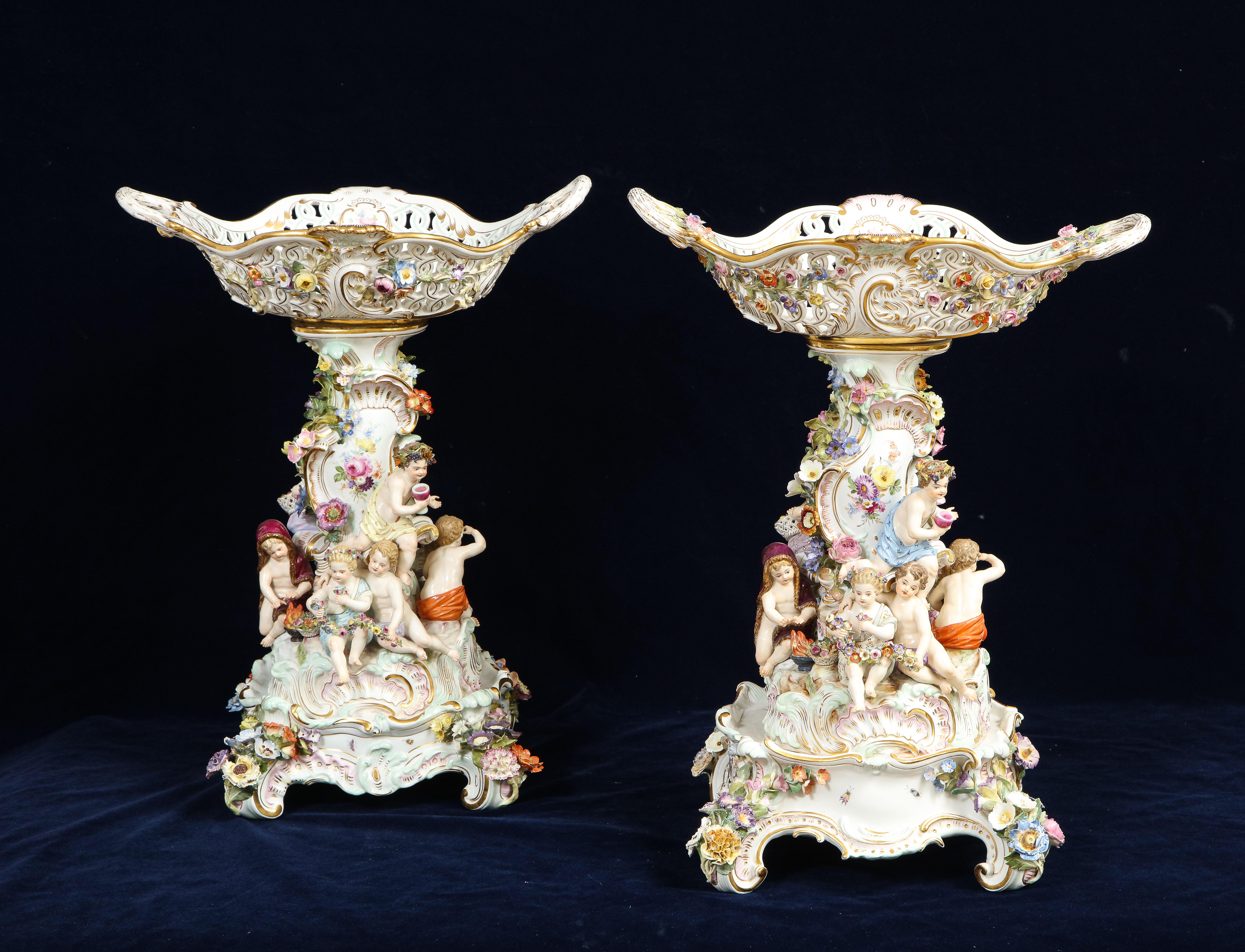 Pr. 19th Century Meissen Porcelain 4-Seasons Reticulated Basket-Top Centerpieces In Good Condition In New York, NY