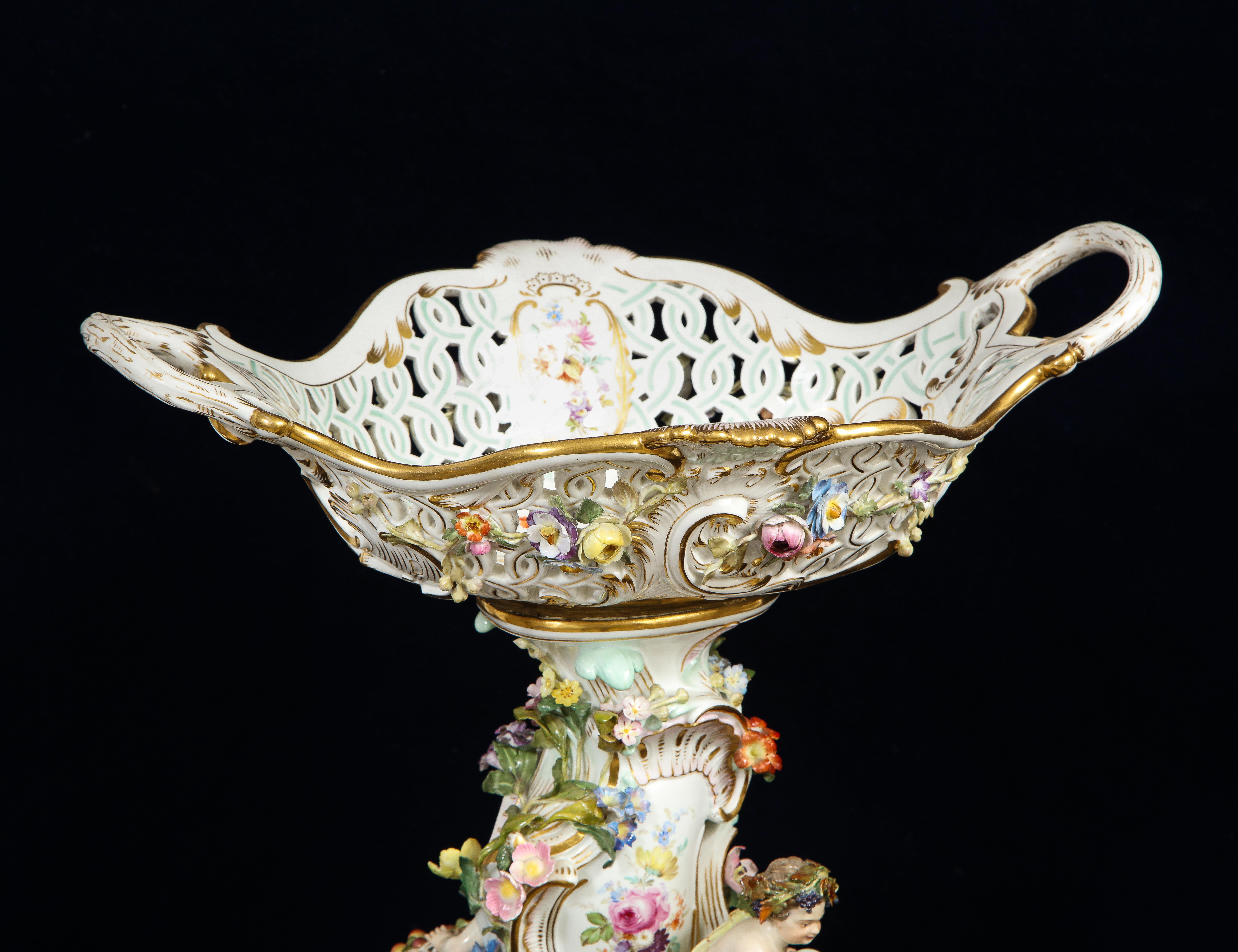 Pr. 19th Century Meissen Porcelain 4-Seasons Reticulated Basket-Top Centerpieces 3