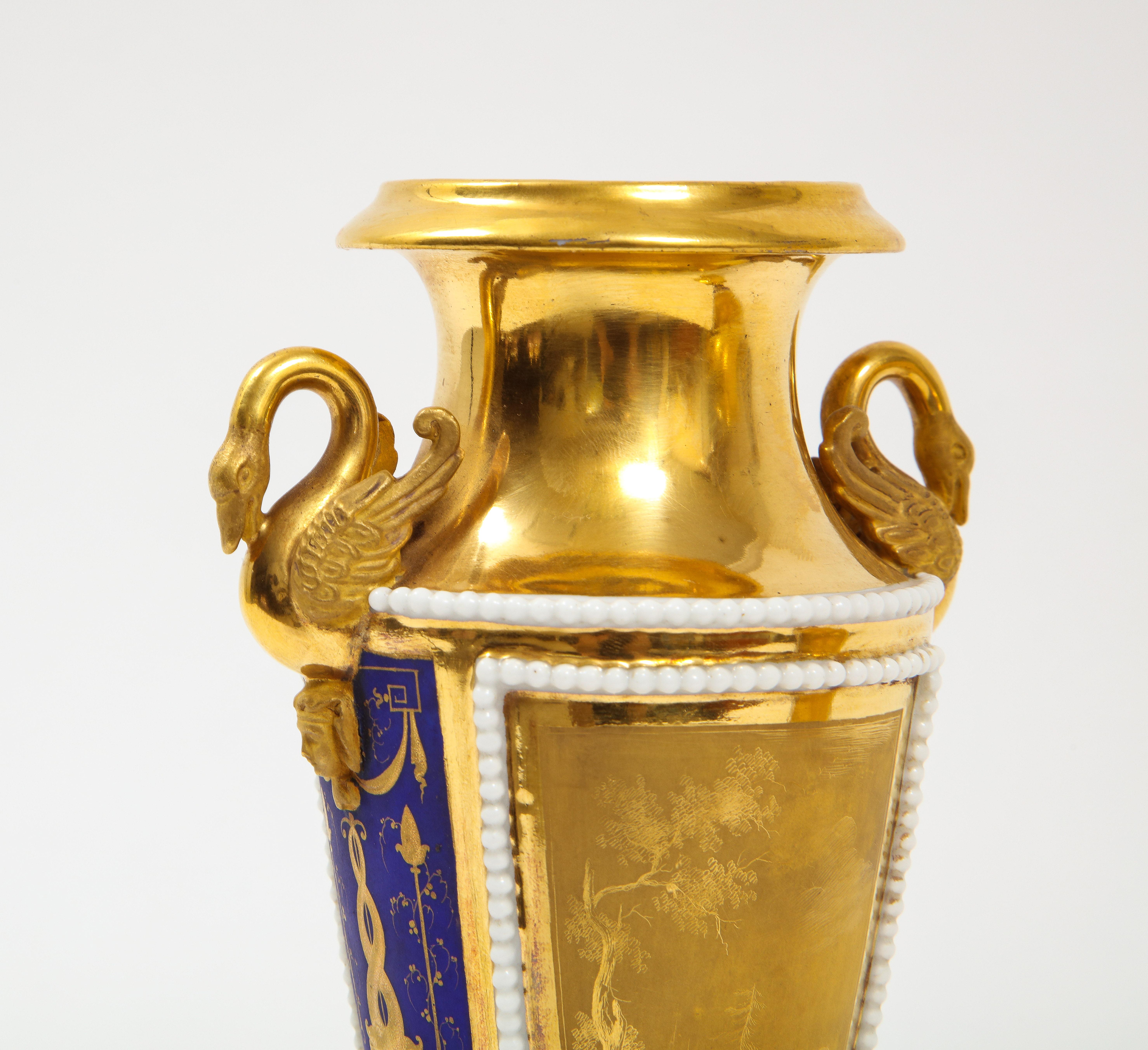 Pr. 19th Century Russian Cobalt Blue & Gold Ground Swan Handle Porcelain Vases For Sale 4