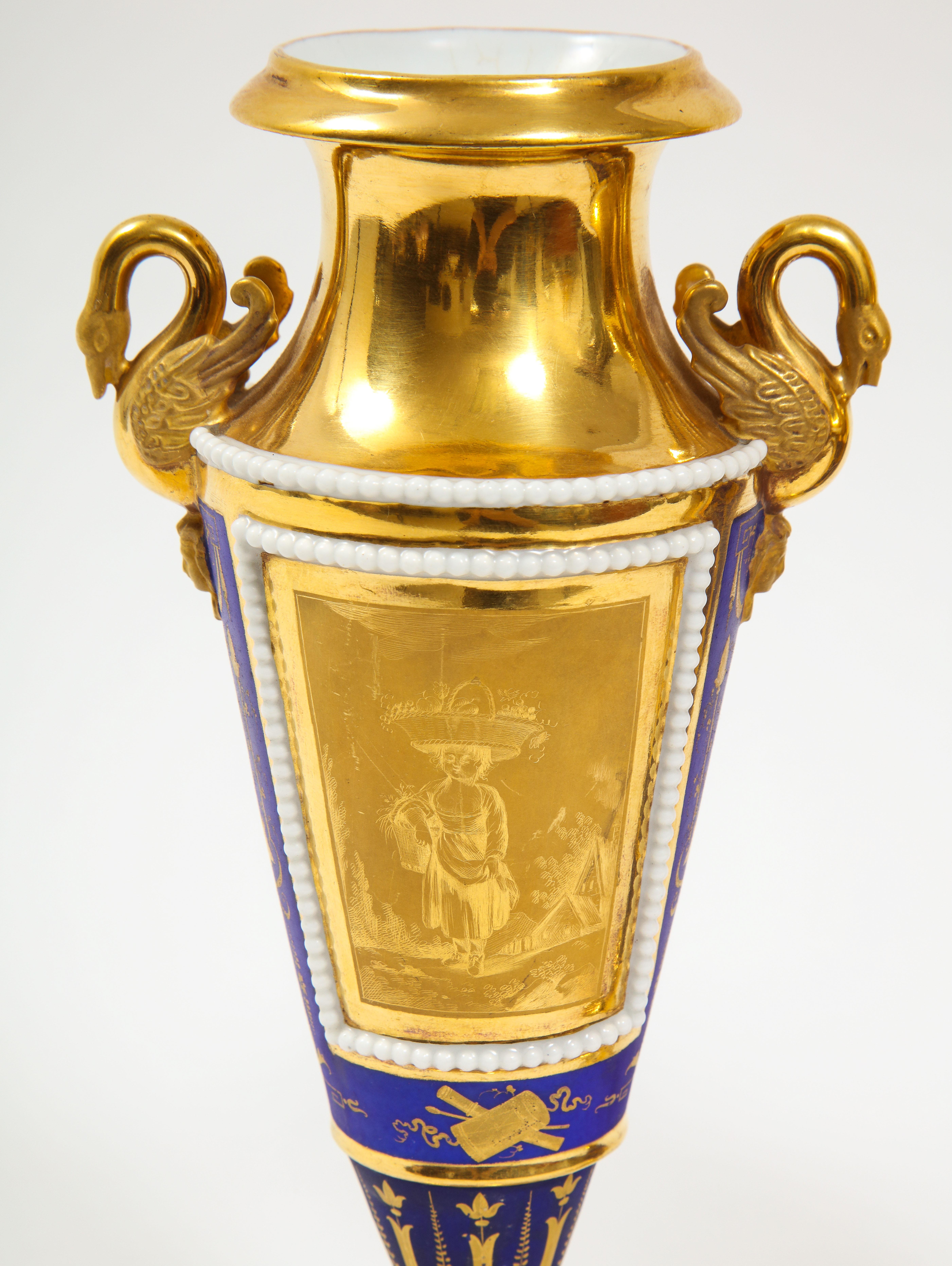 Pr. 19th Century Russian Cobalt Blue & Gold Ground Swan Handle Porcelain Vases For Sale 5