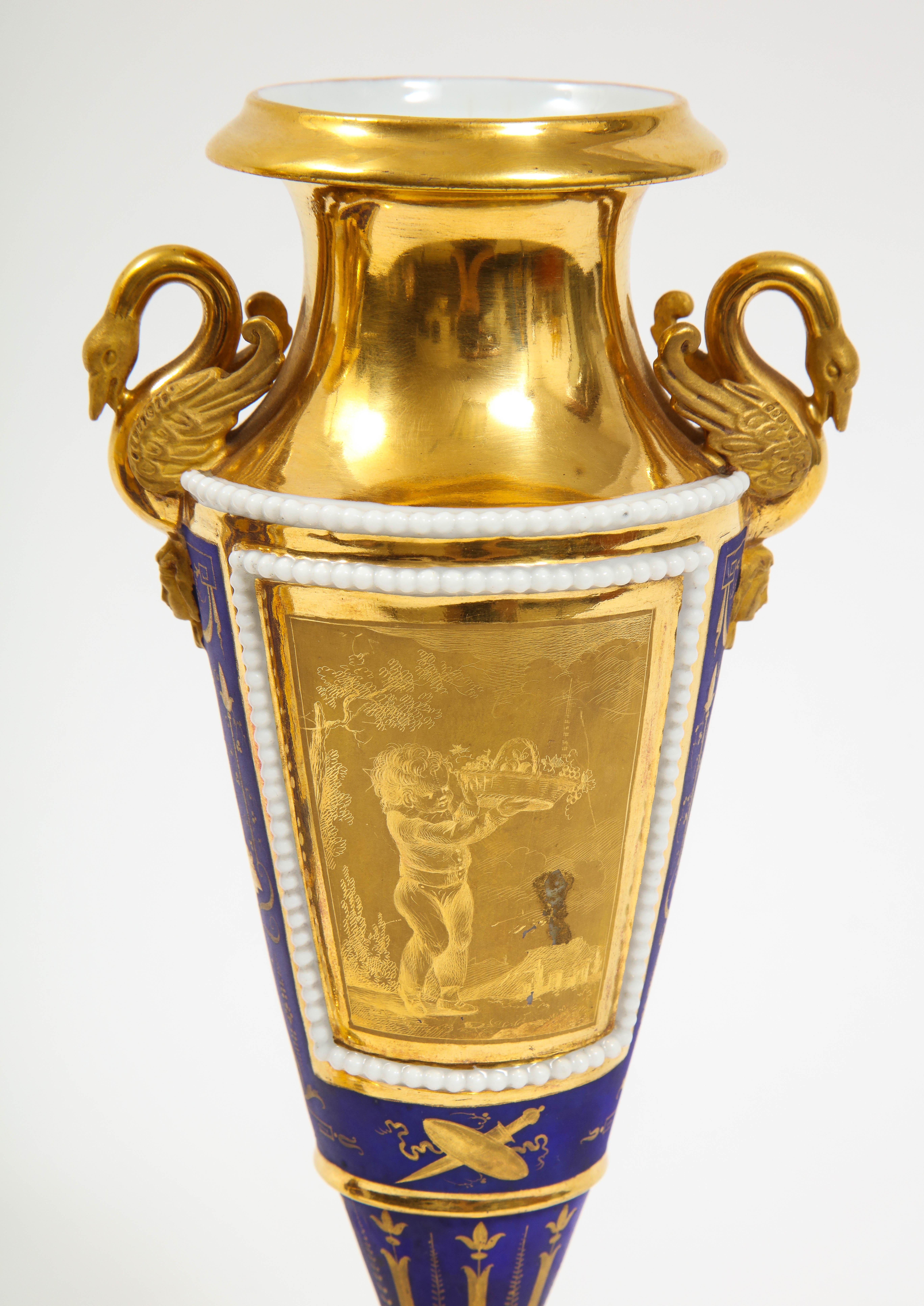 Pr. 19th Century Russian Cobalt Blue & Gold Ground Swan Handle Porcelain Vases For Sale 6