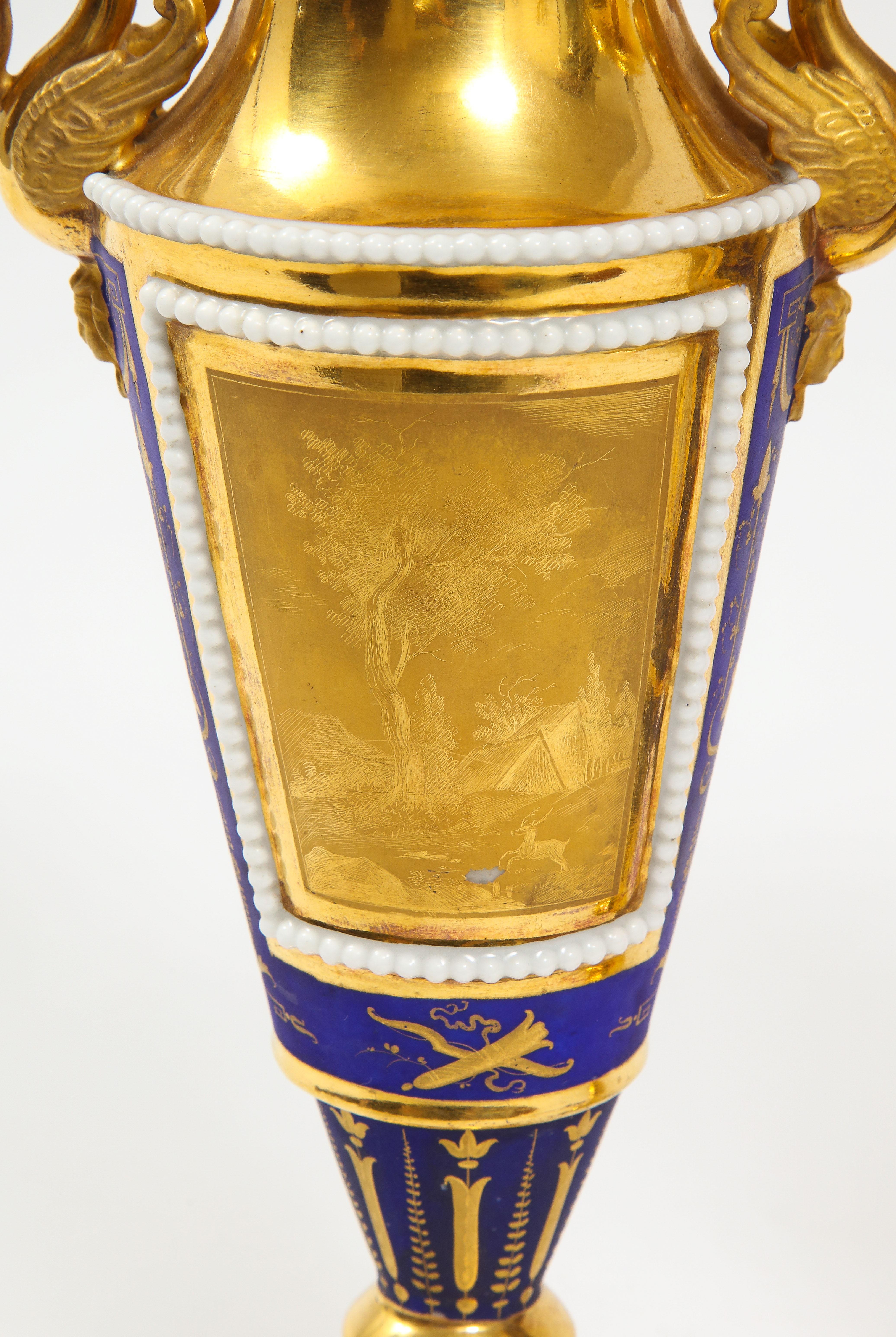 Pr. 19th Century Russian Cobalt Blue & Gold Ground Swan Handle Porcelain Vases For Sale 7