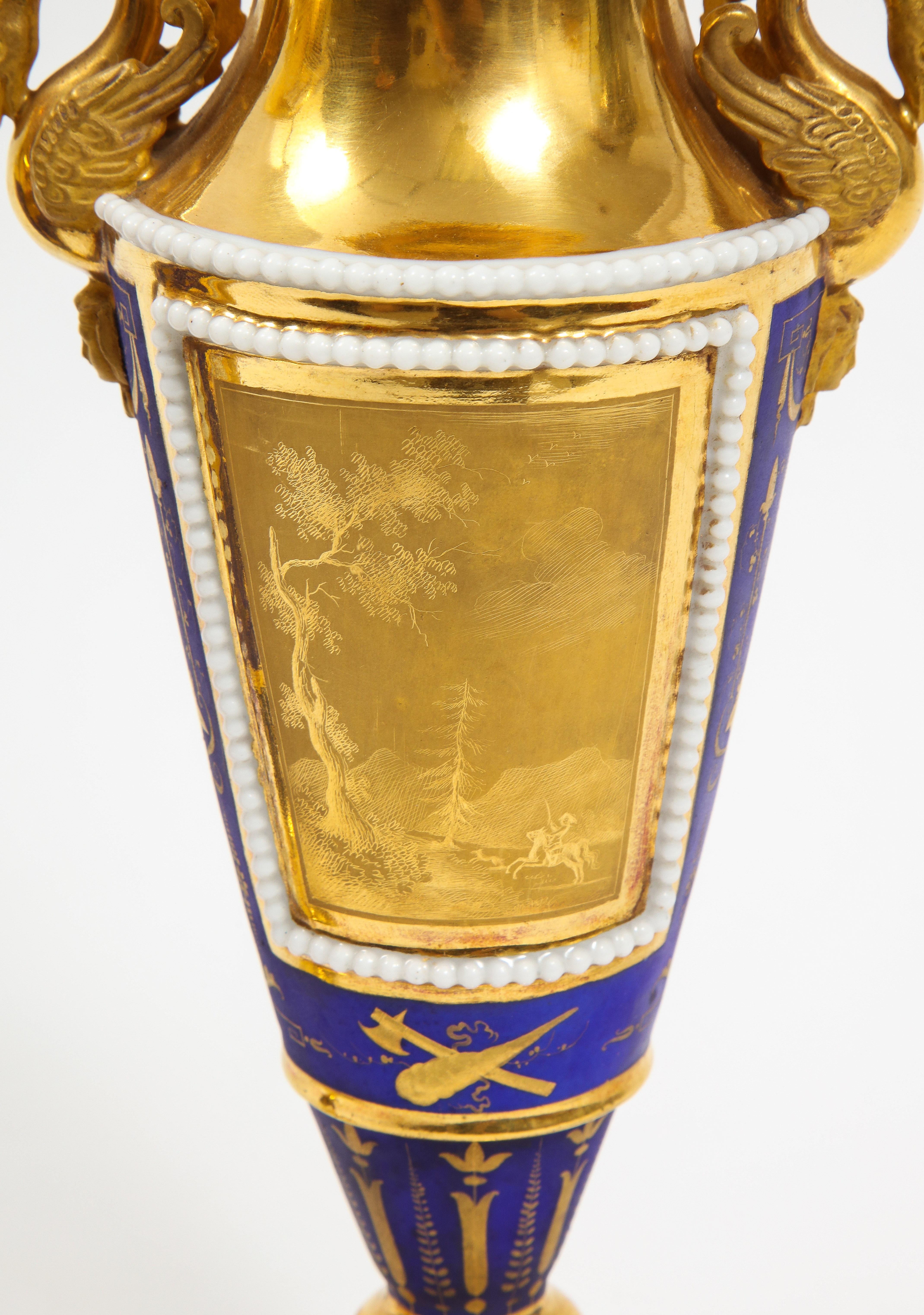 Pr. 19th Century Russian Cobalt Blue & Gold Ground Swan Handle Porcelain Vases For Sale 8