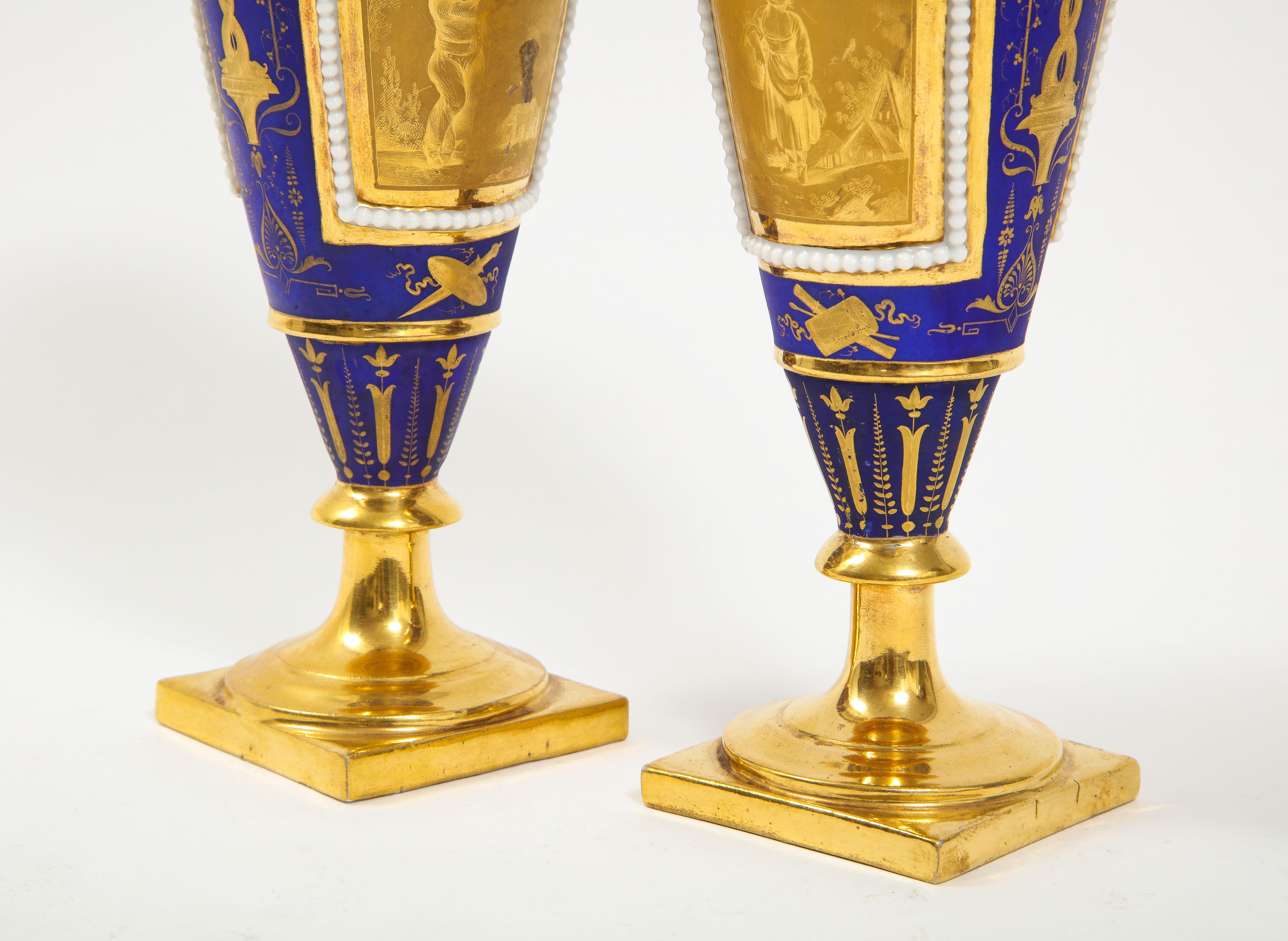 Pr. 19th Century Russian Cobalt Blue & Gold Ground Swan Handle Porcelain Vases For Sale 9
