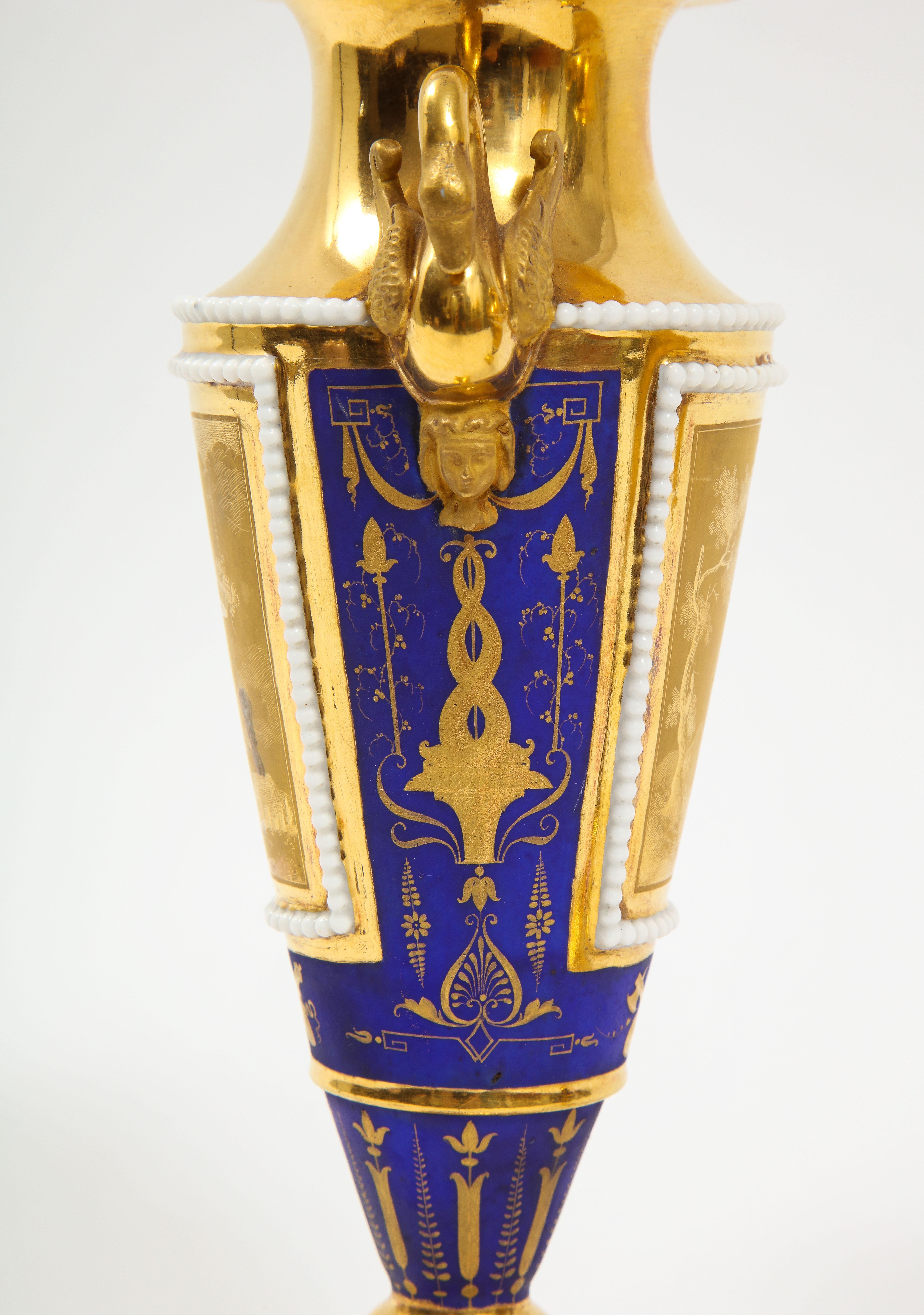 Pr. 19th Century Russian Cobalt Blue & Gold Ground Swan Handle Porcelain Vases For Sale 10