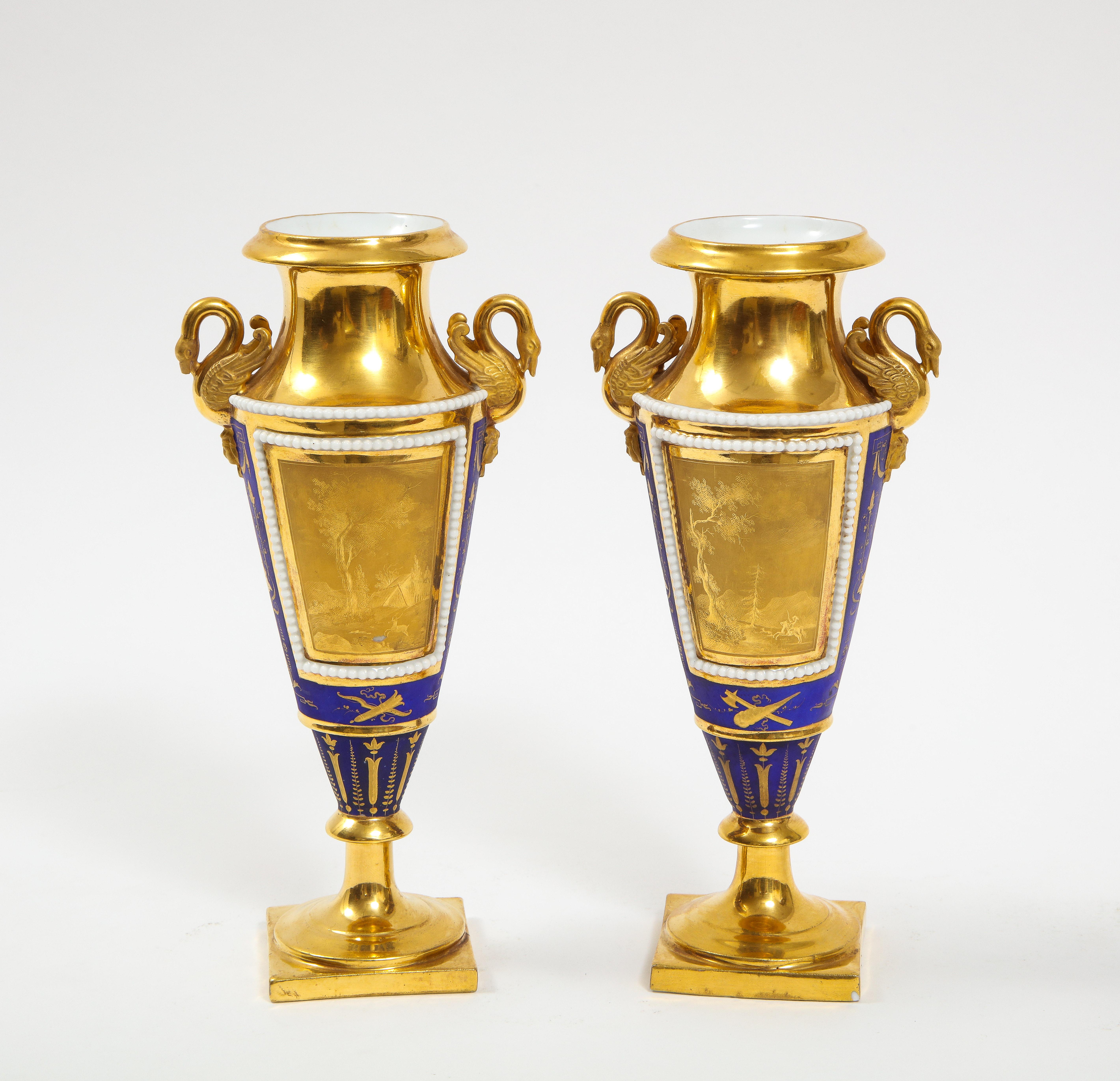 Empire Pr. 19th Century Russian Cobalt Blue & Gold Ground Swan Handle Porcelain Vases For Sale