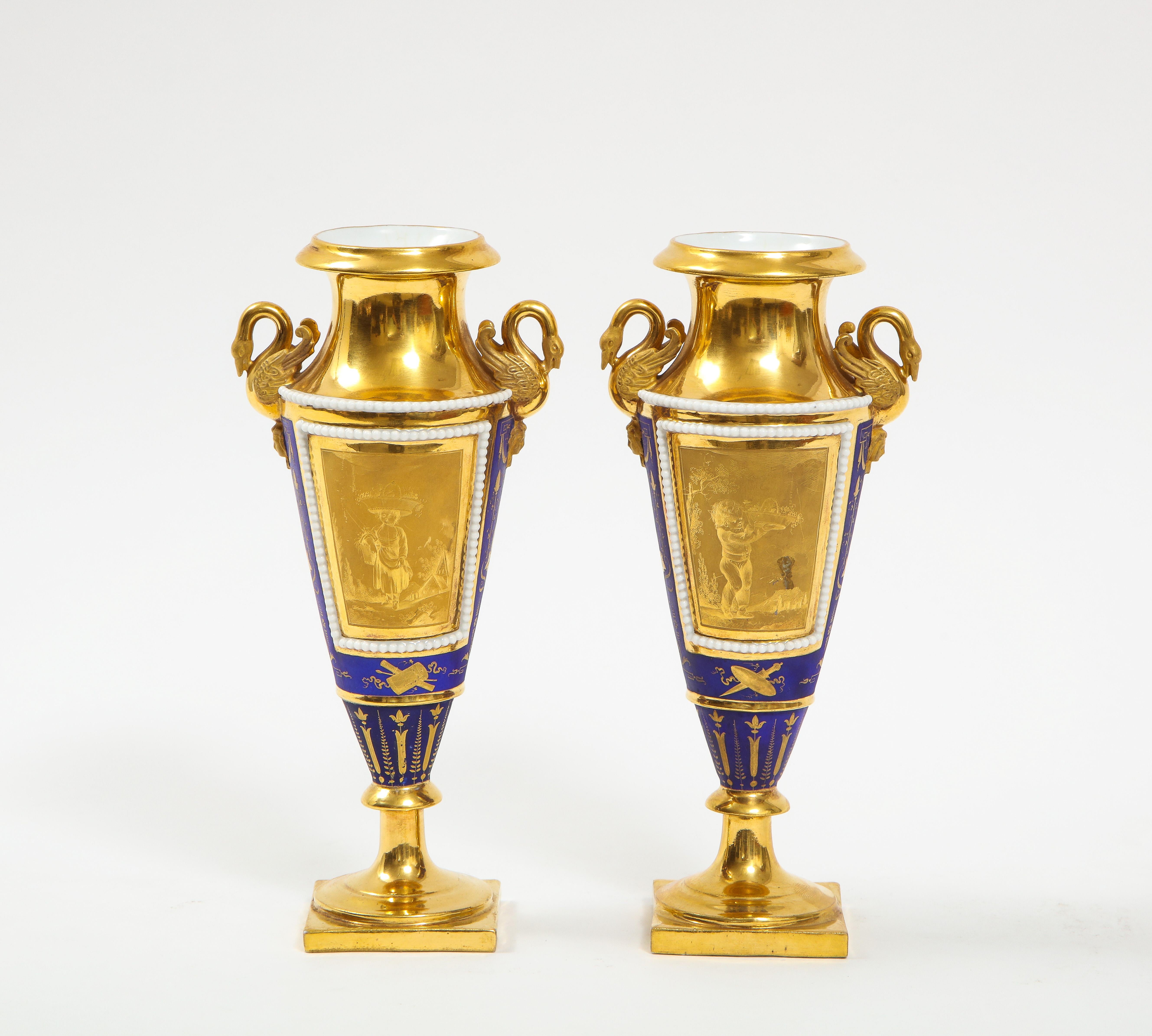 Hand-Painted Pr. 19th Century Russian Cobalt Blue & Gold Ground Swan Handle Porcelain Vases For Sale