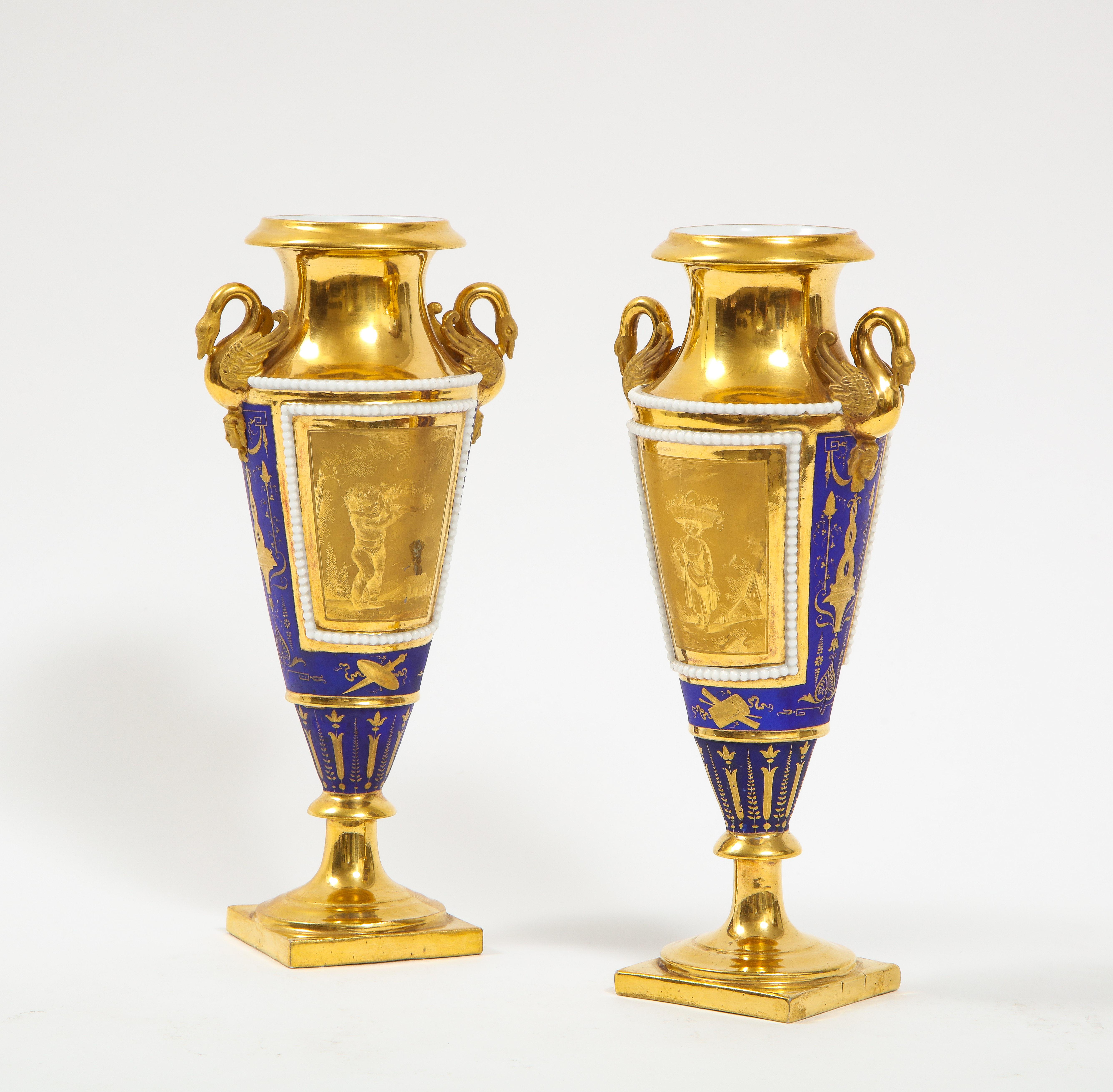 Pr. 19th Century Russian Cobalt Blue & Gold Ground Swan Handle Porcelain Vases In Good Condition For Sale In New York, NY