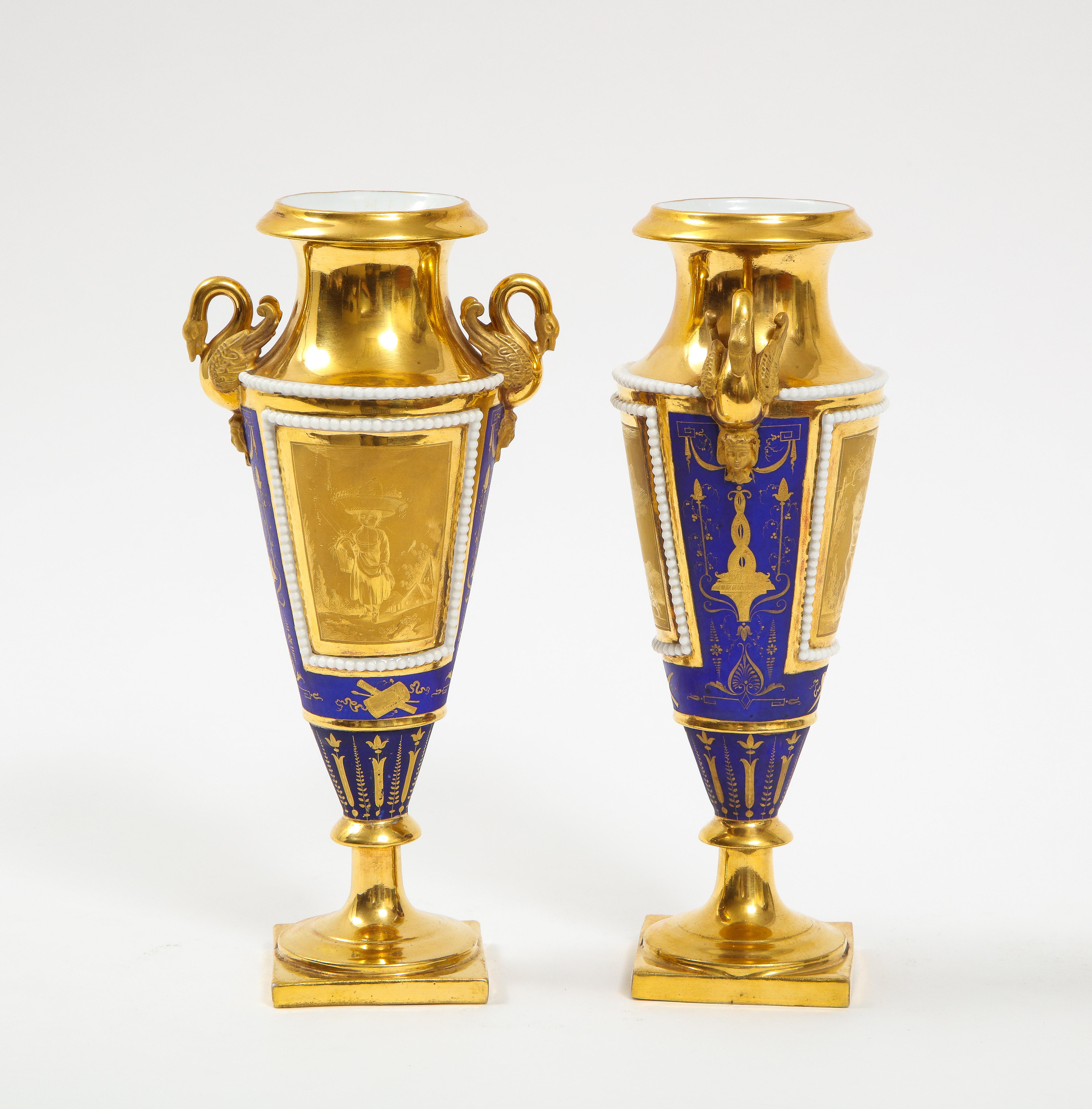 Early 19th Century Pr. 19th Century Russian Cobalt Blue & Gold Ground Swan Handle Porcelain Vases For Sale
