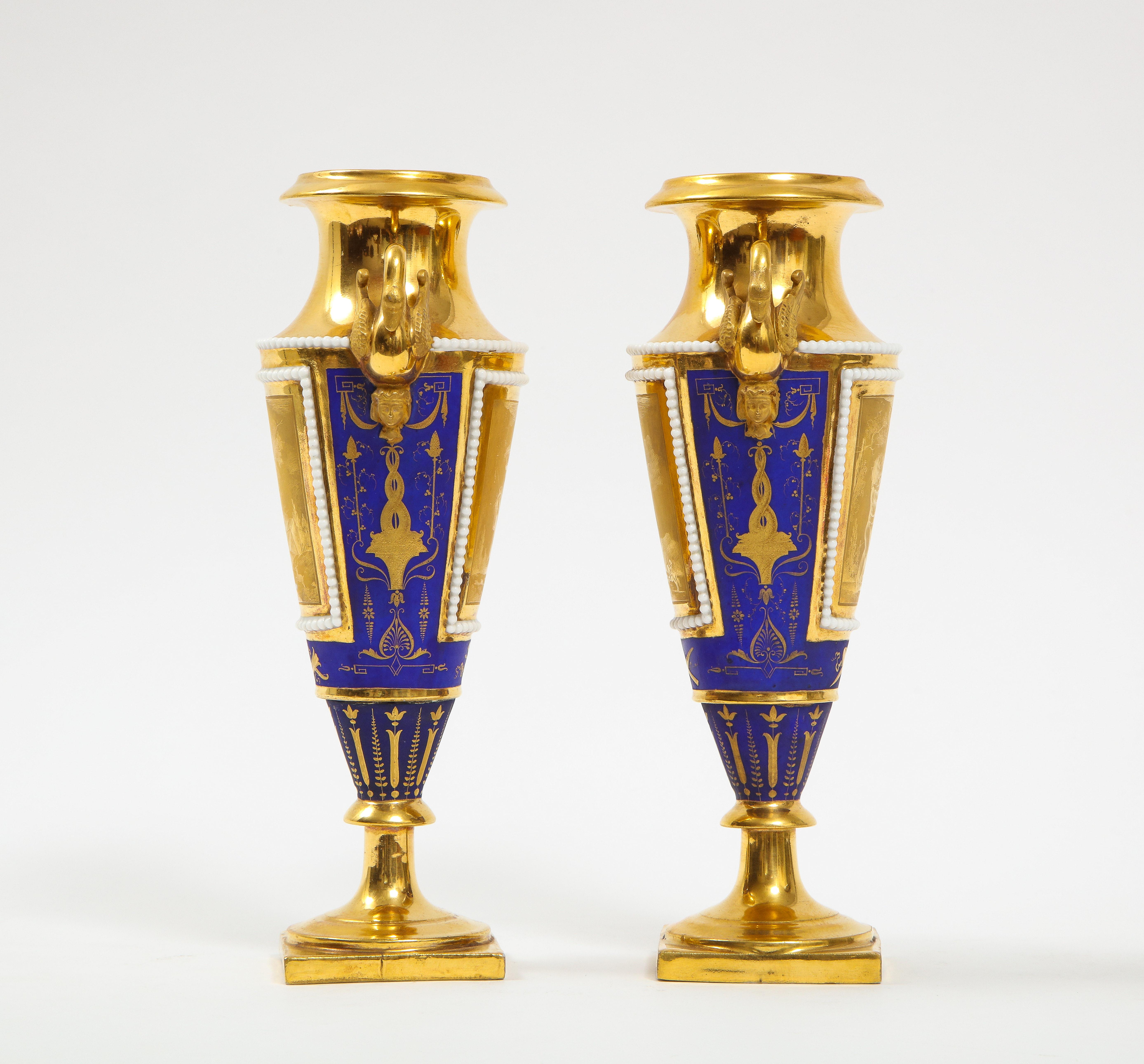 Pr. 19th Century Russian Cobalt Blue & Gold Ground Swan Handle Porcelain Vases For Sale 1