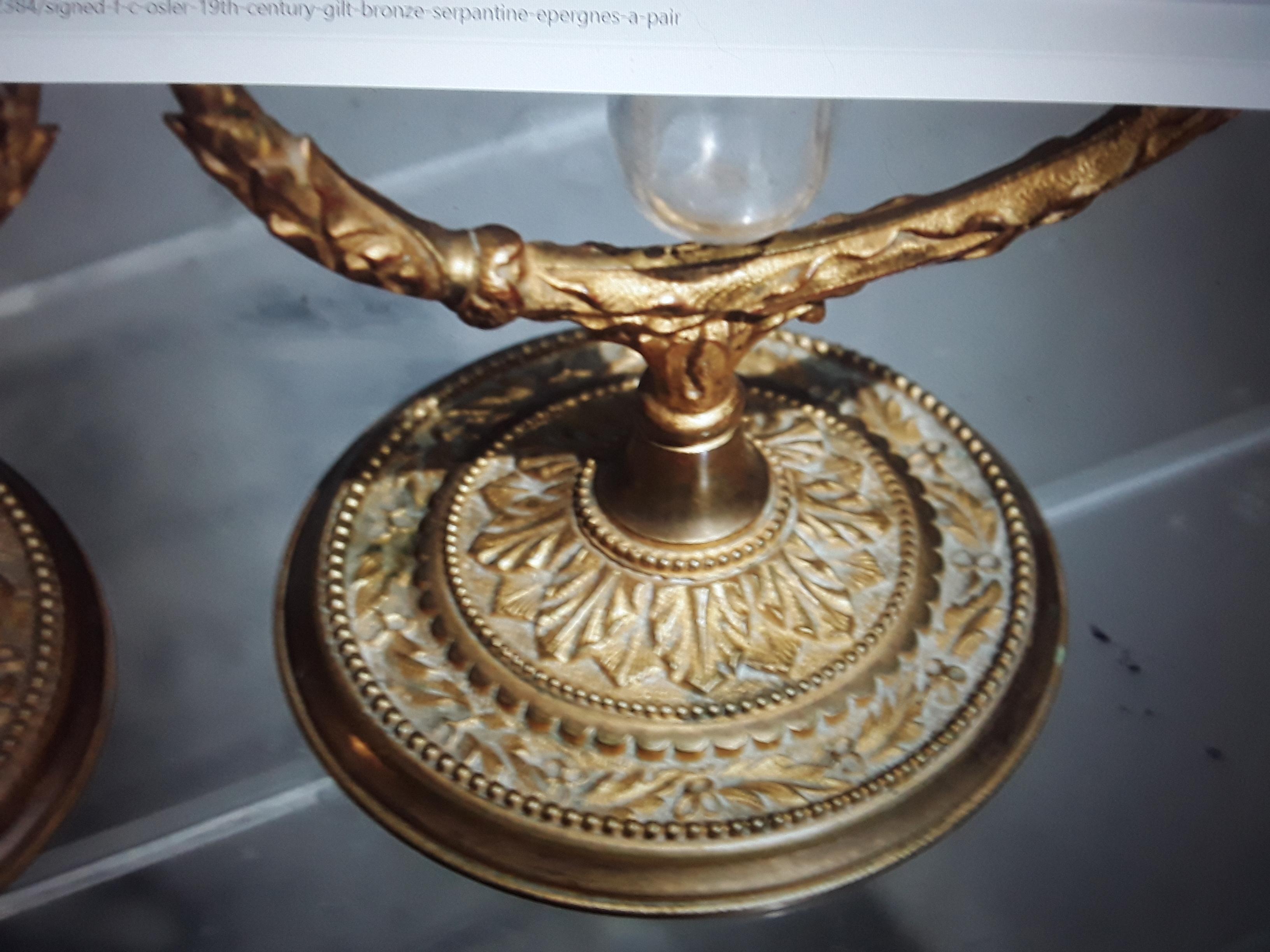 Pr 19thc Antique Signed F&C Osler Crystal/Gilt Bronze Serpentine Vase/ Epergne For Sale 4