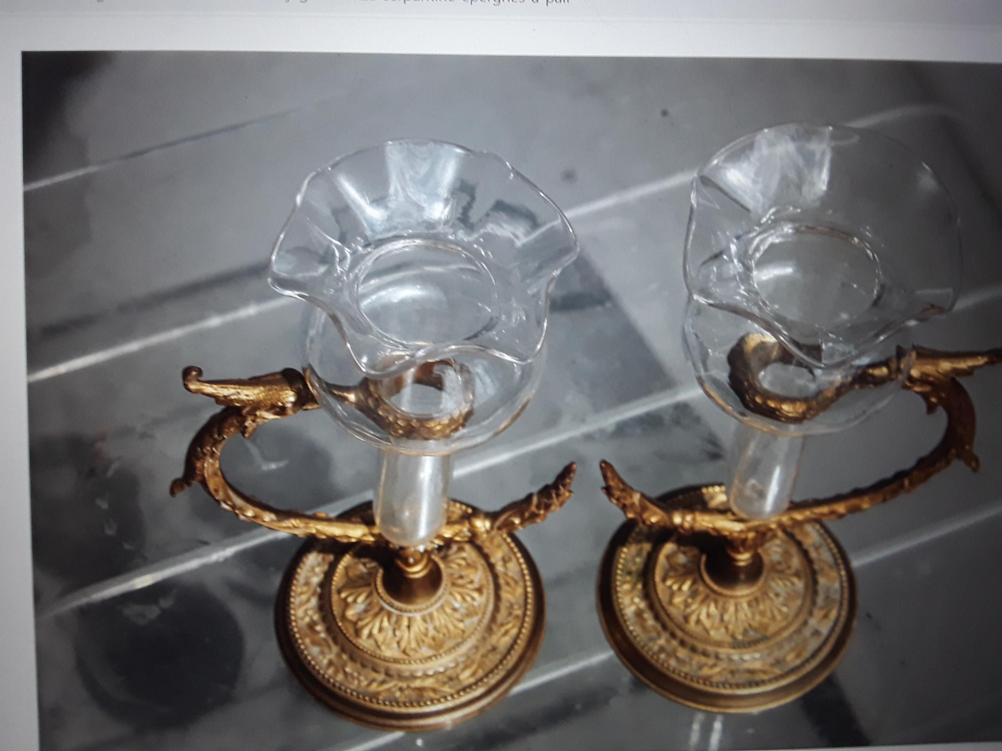 Pr 19thc Antique Signed F&C Osler Crystal/Gilt Bronze Serpentine Vase/ Epergne For Sale 6