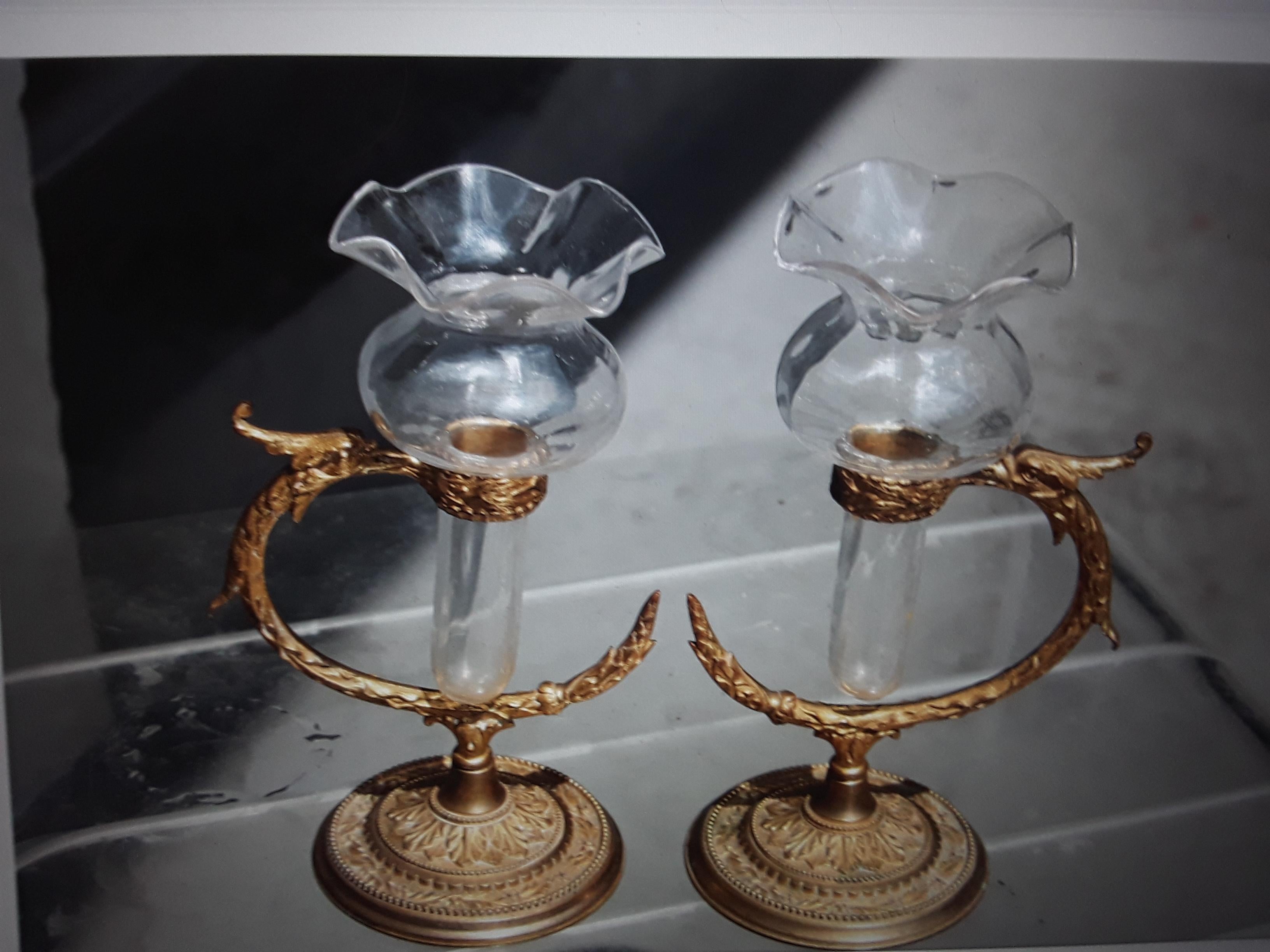 Pr 19thc Antique Signed F&C Osler Crystal/Gilt Bronze Serpentine Vase/ Epergne For Sale 7