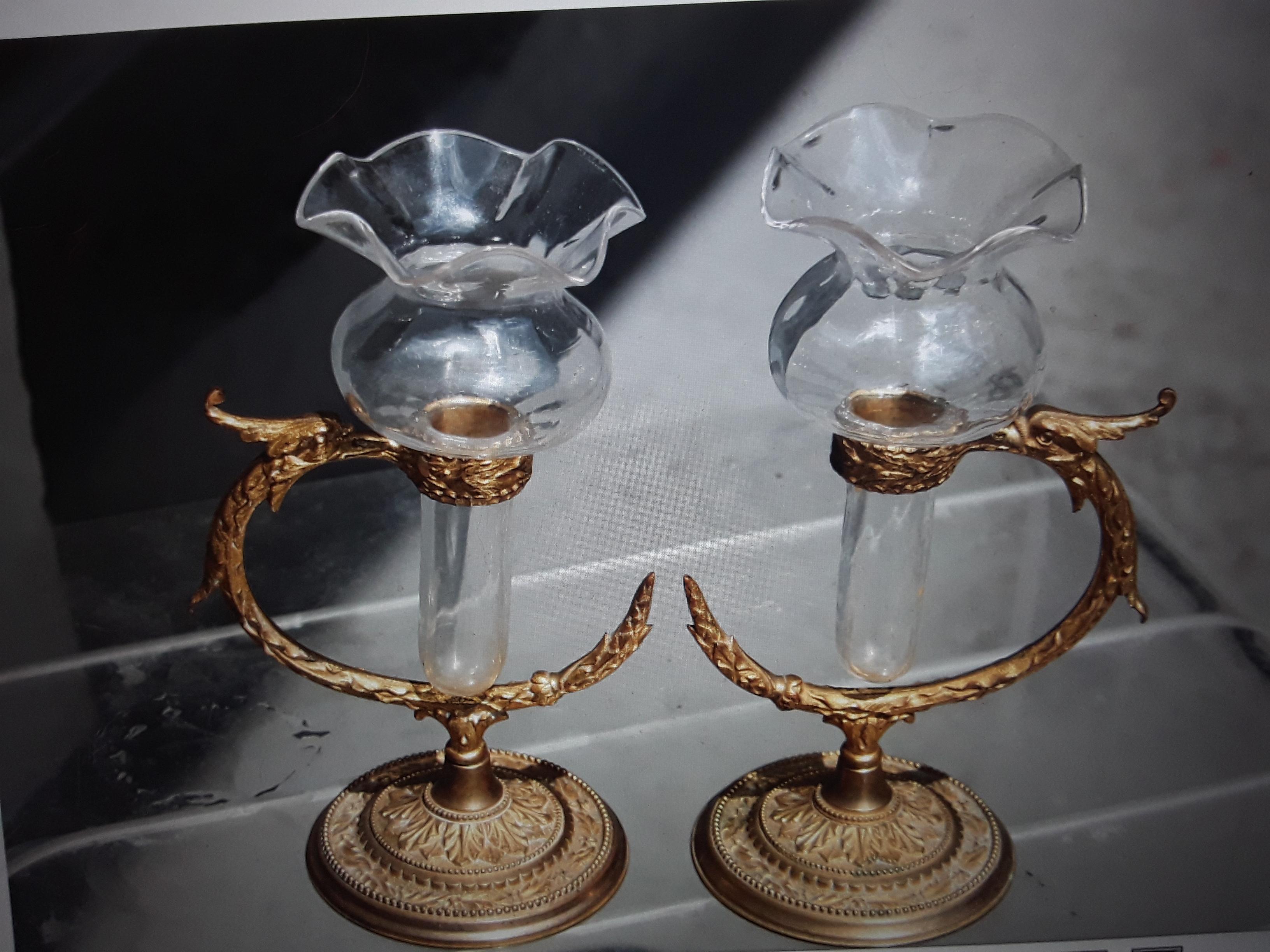 Pr 19thc Antique Signed F&C Osler Crystal/Gilt Bronze Serpentine Vase/ Epergne For Sale 8