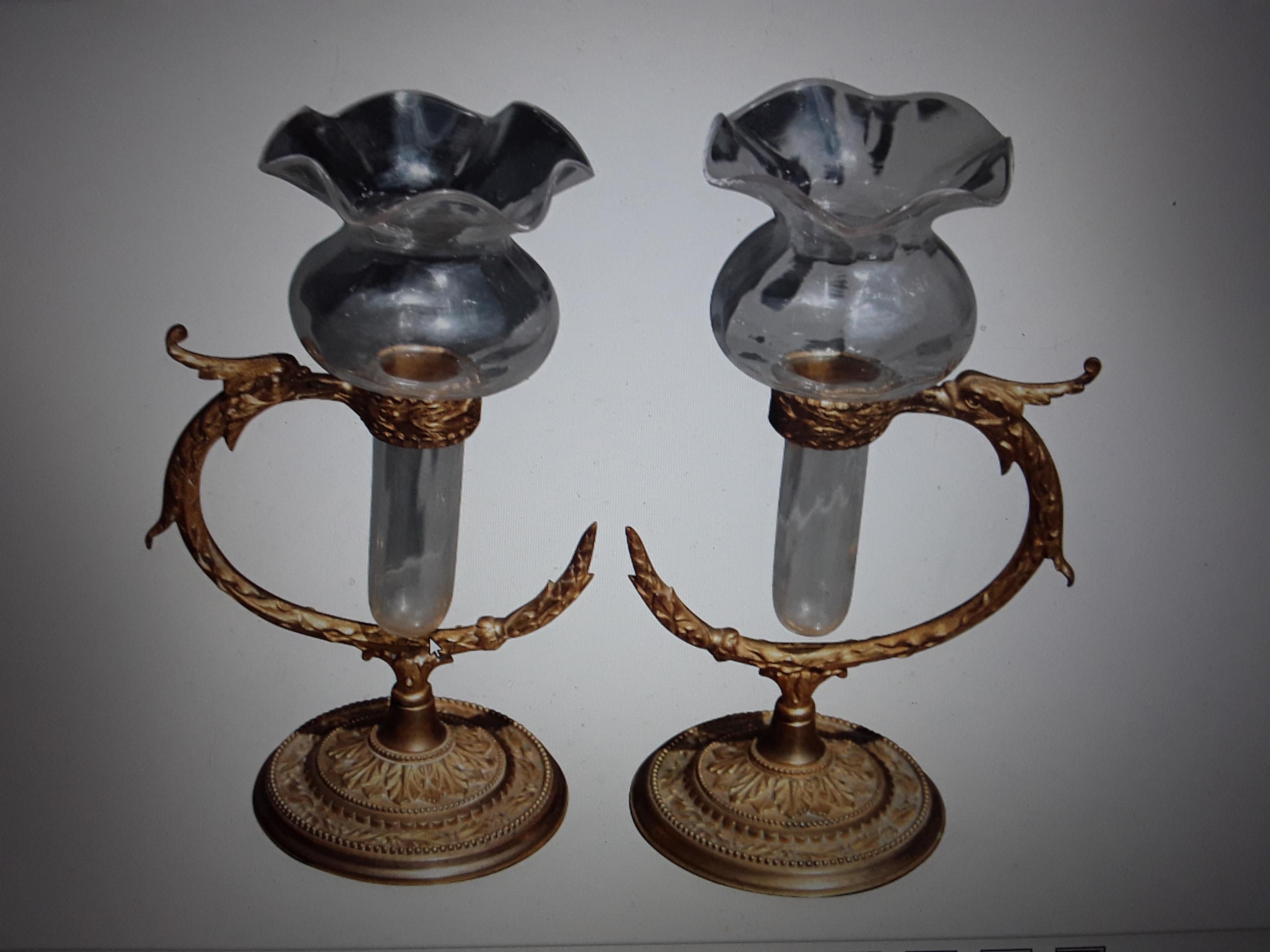 Pr 19thc Antique Signed F&C Osler Crystal/Gilt Bronze Serpentine Vase/ Epergne For Sale 9