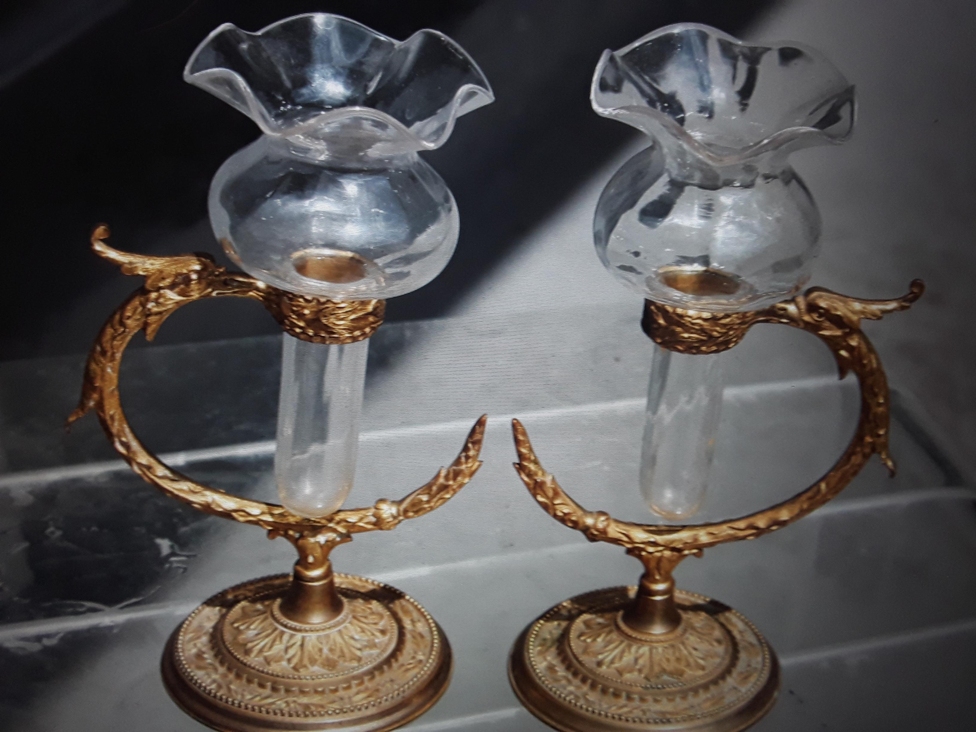 Pair 19thc Antique Napoleon III era Cut Glass and Gilt Bronze Serpentine Bud Vase/ Epergne. these are stunning and they are signed by F & C Osler. Very good condition and finely detailed.