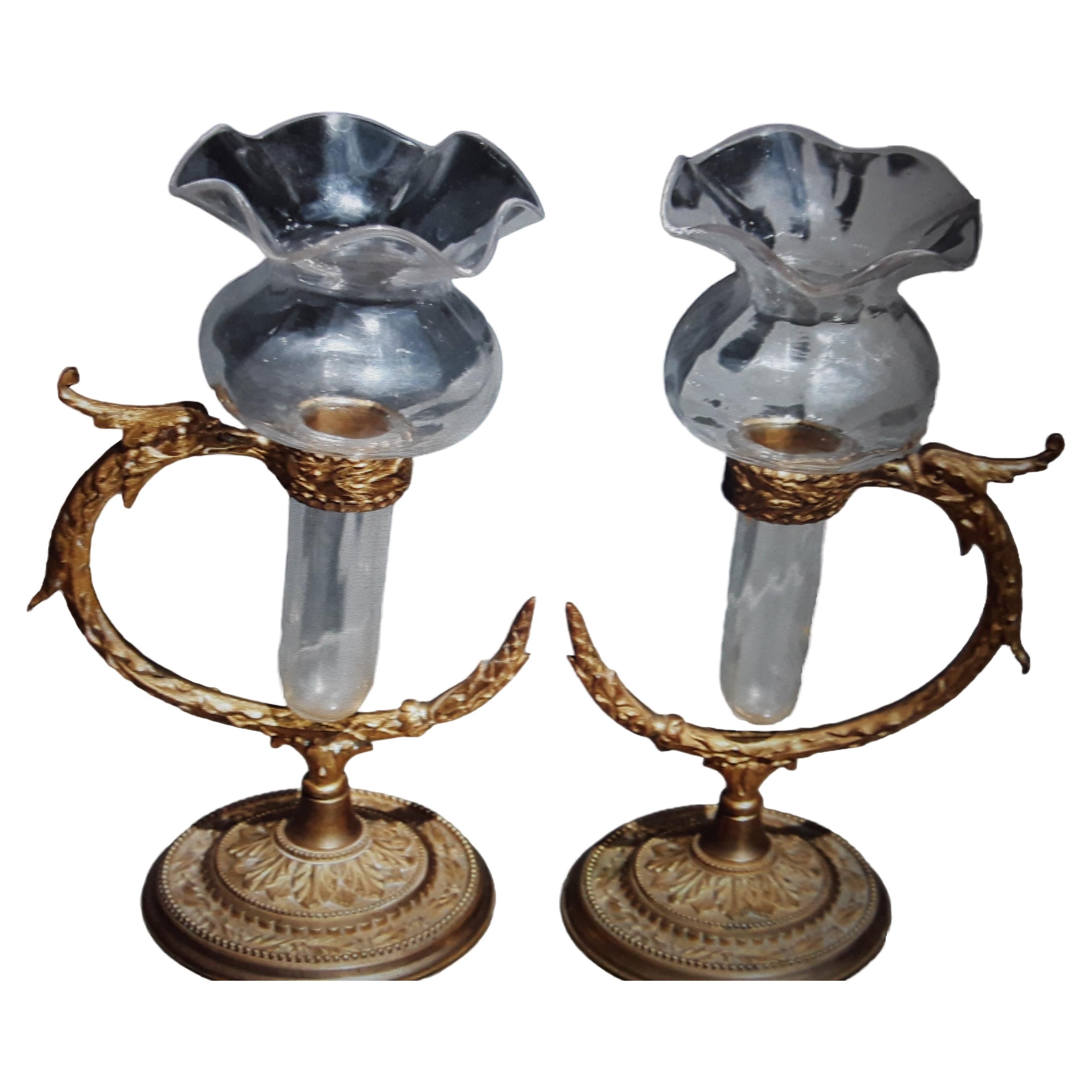 Pr 19thc Antique Signed F&C Osler Crystal/Gilt Bronze Serpentine Vase/ Epergne For Sale