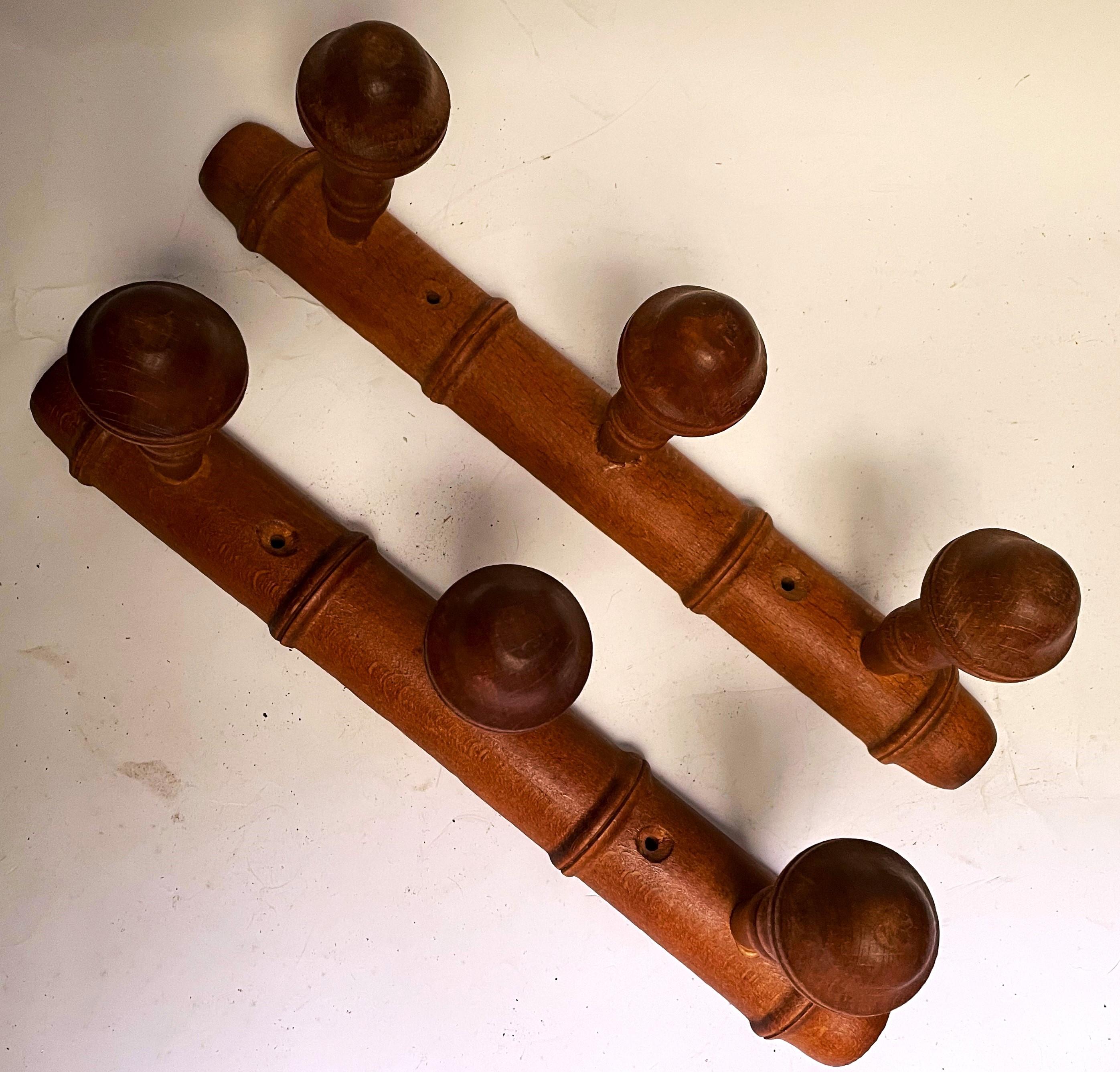Pr 20th Century Rustic 3 Peg Carved French Faux Bamboo Wall Mount Hat/Coat Racks In Good Condition For Sale In Clifton Forge, VA