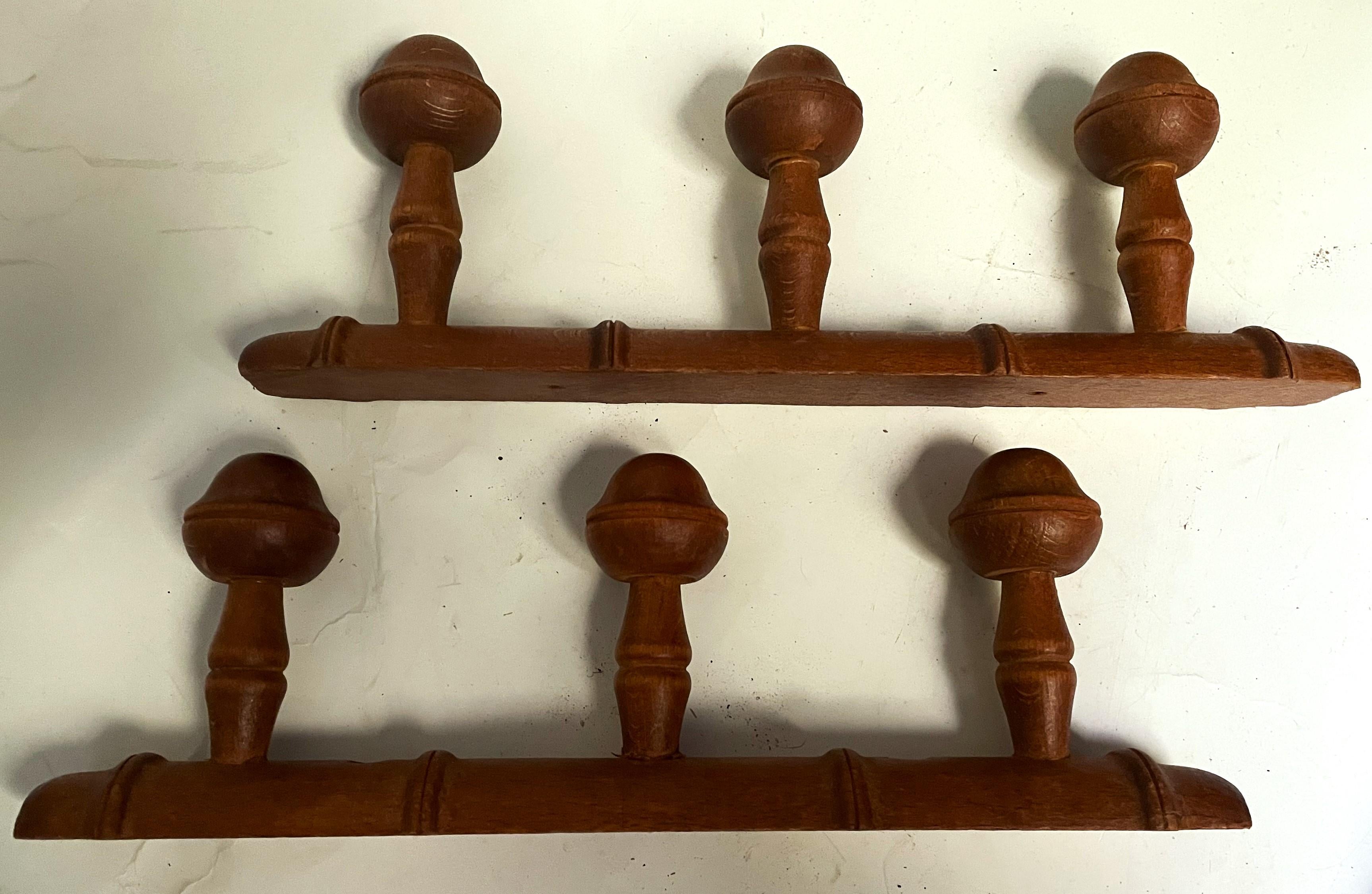 Wood Pr 20th Century Rustic 3 Peg Carved French Faux Bamboo Wall Mount Hat/Coat Racks For Sale