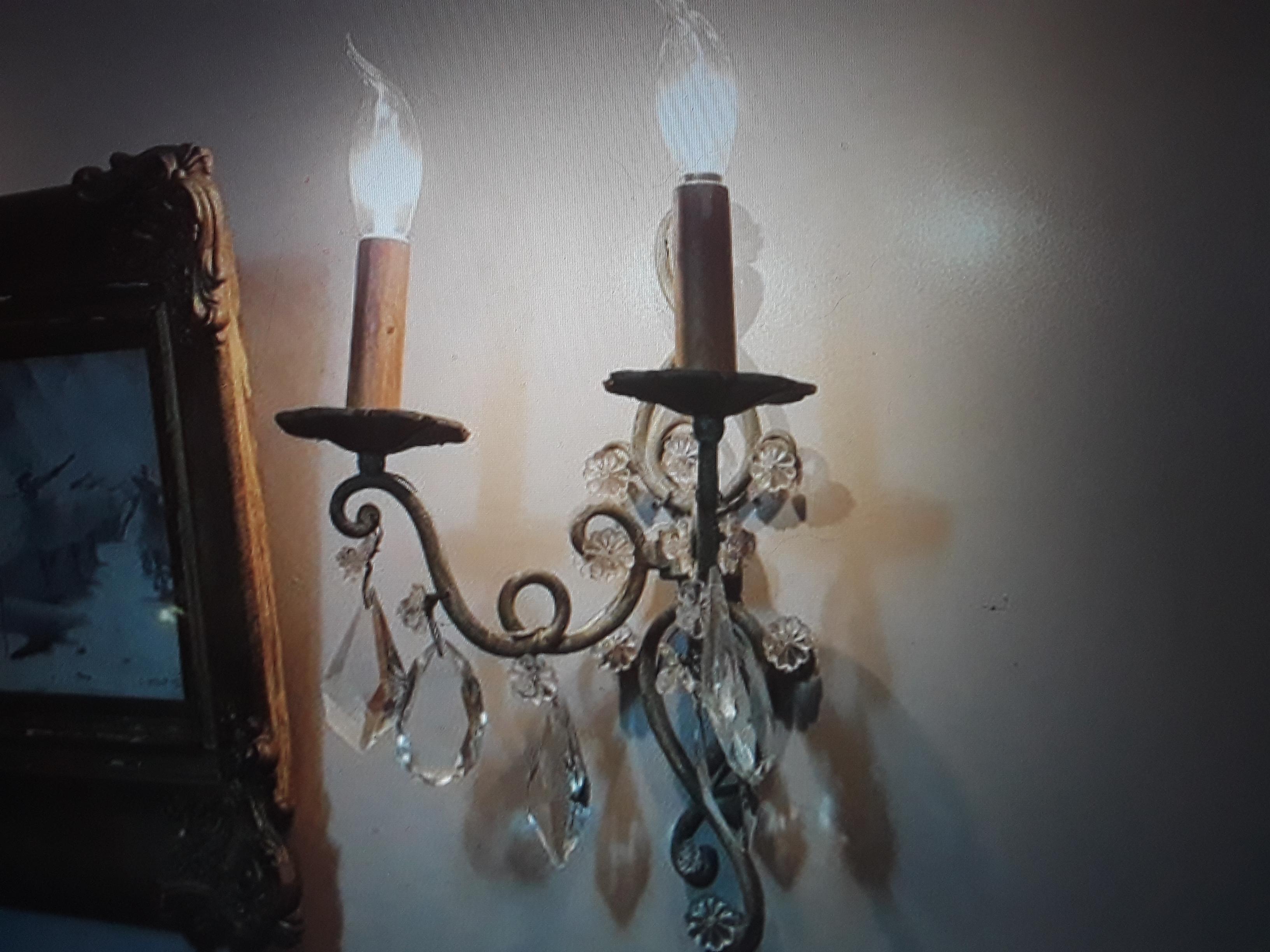 Pr 30s French Art Deco Patinated Ironw/Cut Crystal Wall Sconces by Maison Bagues For Sale 6