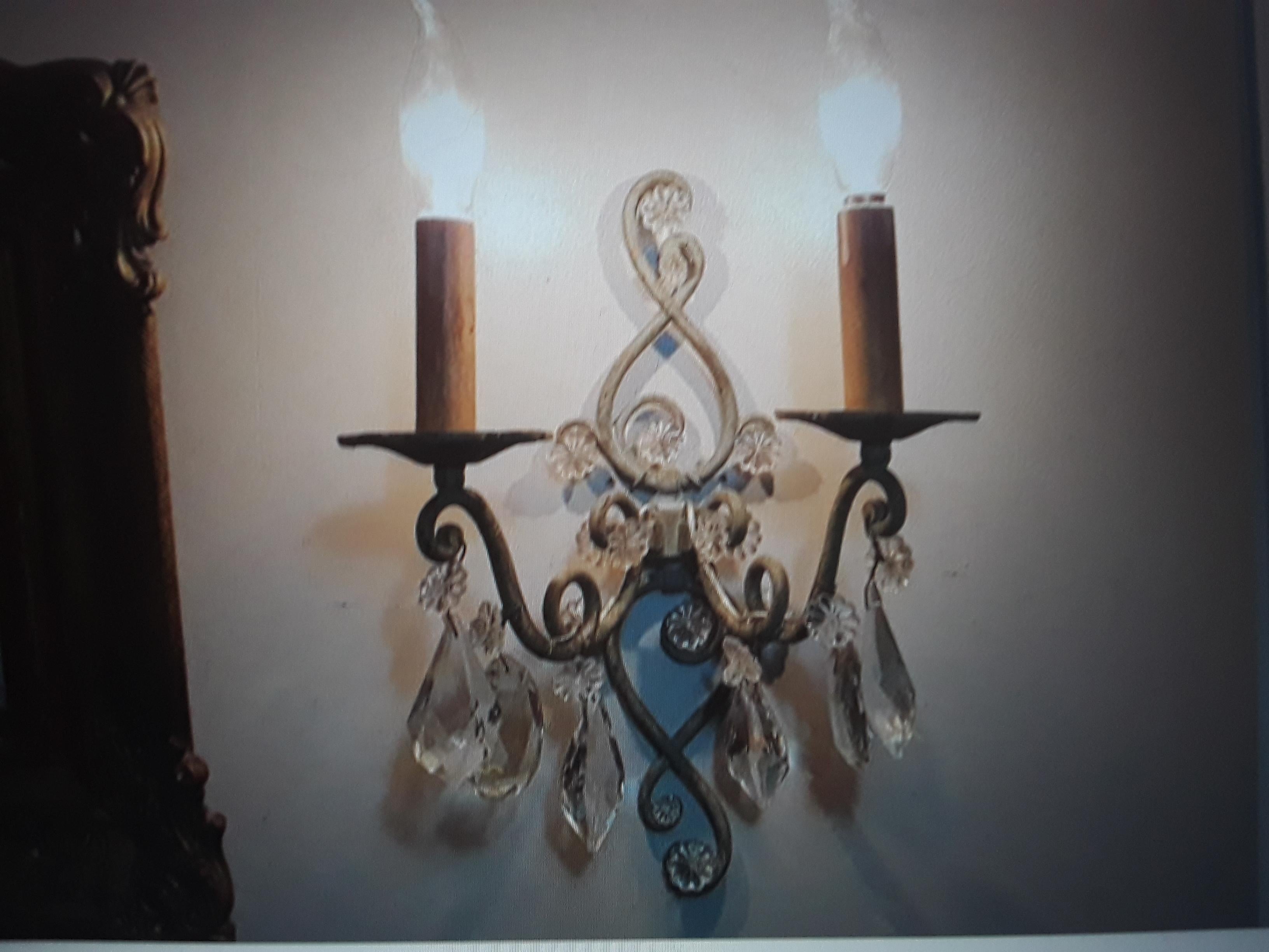 Pr 30s French Art Deco Patinated Ironw/Cut Crystal Wall Sconces by Maison Bagues For Sale 4