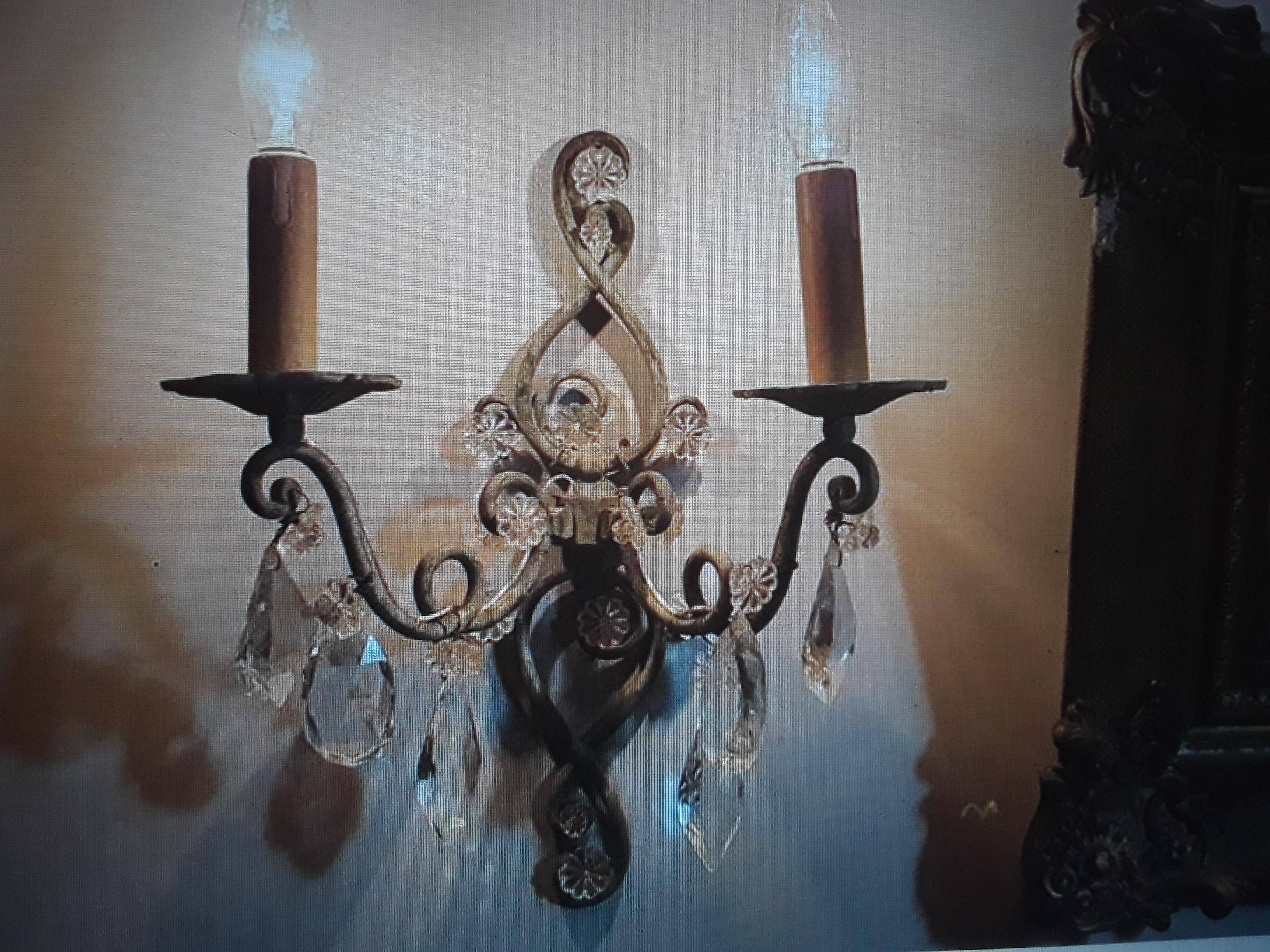 Pr 30s French Art Deco Patinated Ironw/Cut Crystal Wall Sconces by Maison Bagues For Sale 5