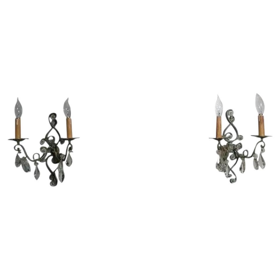 Pair of Bagues Style Patinated Iron & Cut Crystal Wall Sconces For Sale