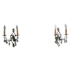 Pair of Bagues Style Patinated Iron & Cut Crystal Wall Sconces