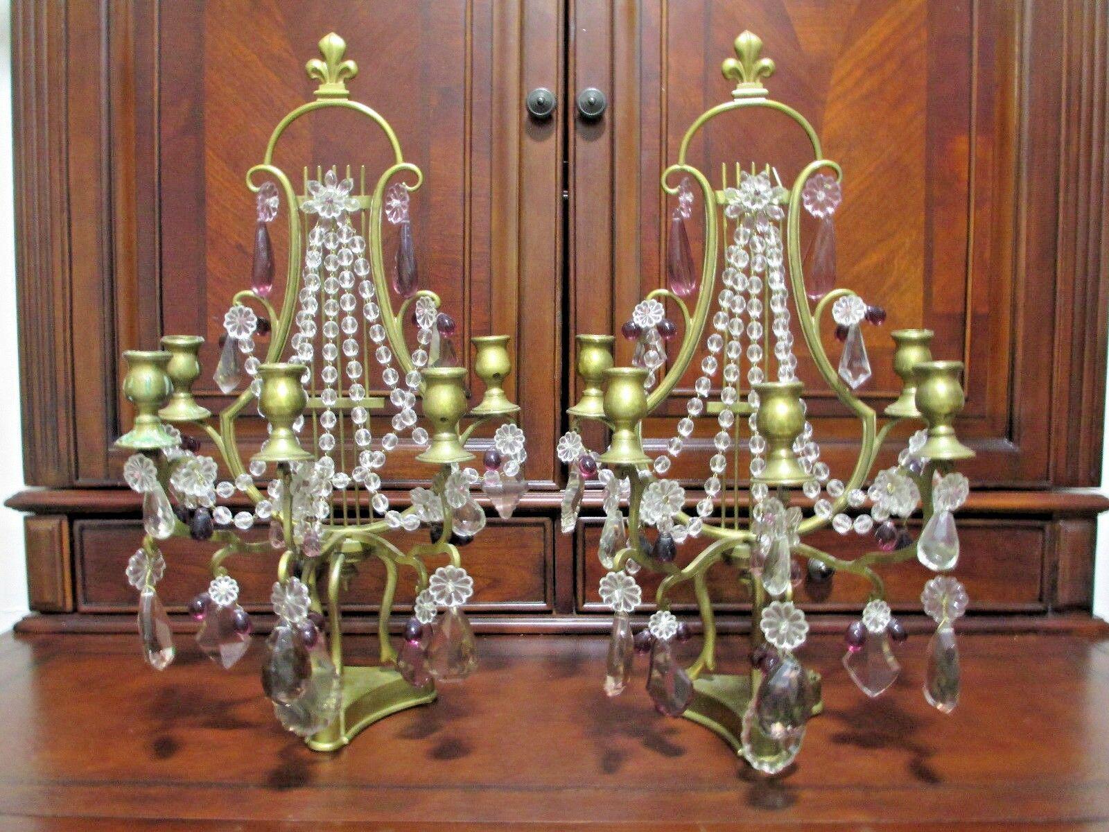 Pr 9thc French Louis XVI style 5 Light Bronze Lyre Back Candelabra / Table Lamps For Sale 6