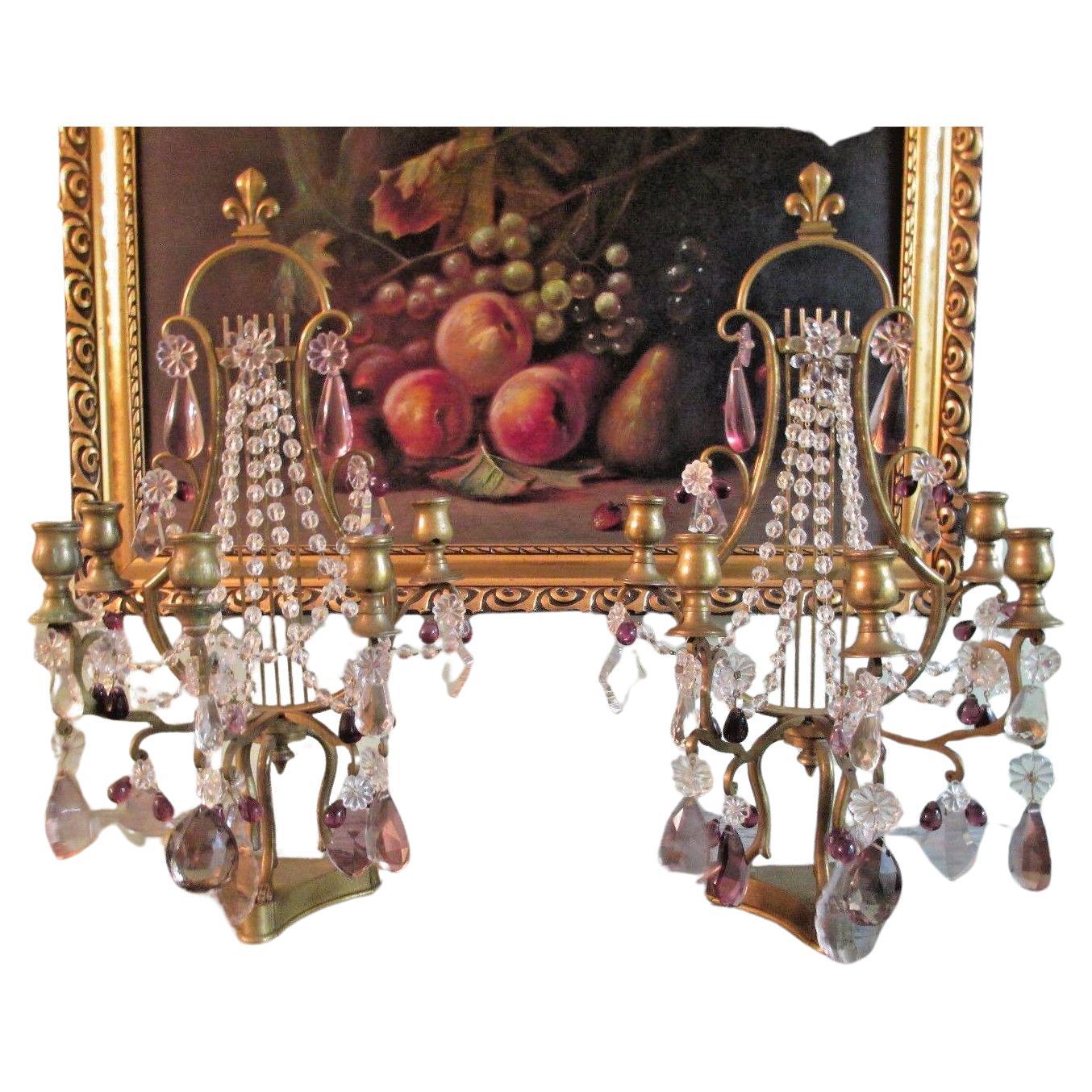 Pair 19th Century French Louis XVI Maison Bagues style Bronze Lyre Back Cut Crystal Adorned Candelabra/ Candle Lamps/ Candel Holders/ Table Lamps. These are stunning and would look great on the mantle top or wherever amazing candle light lighting is