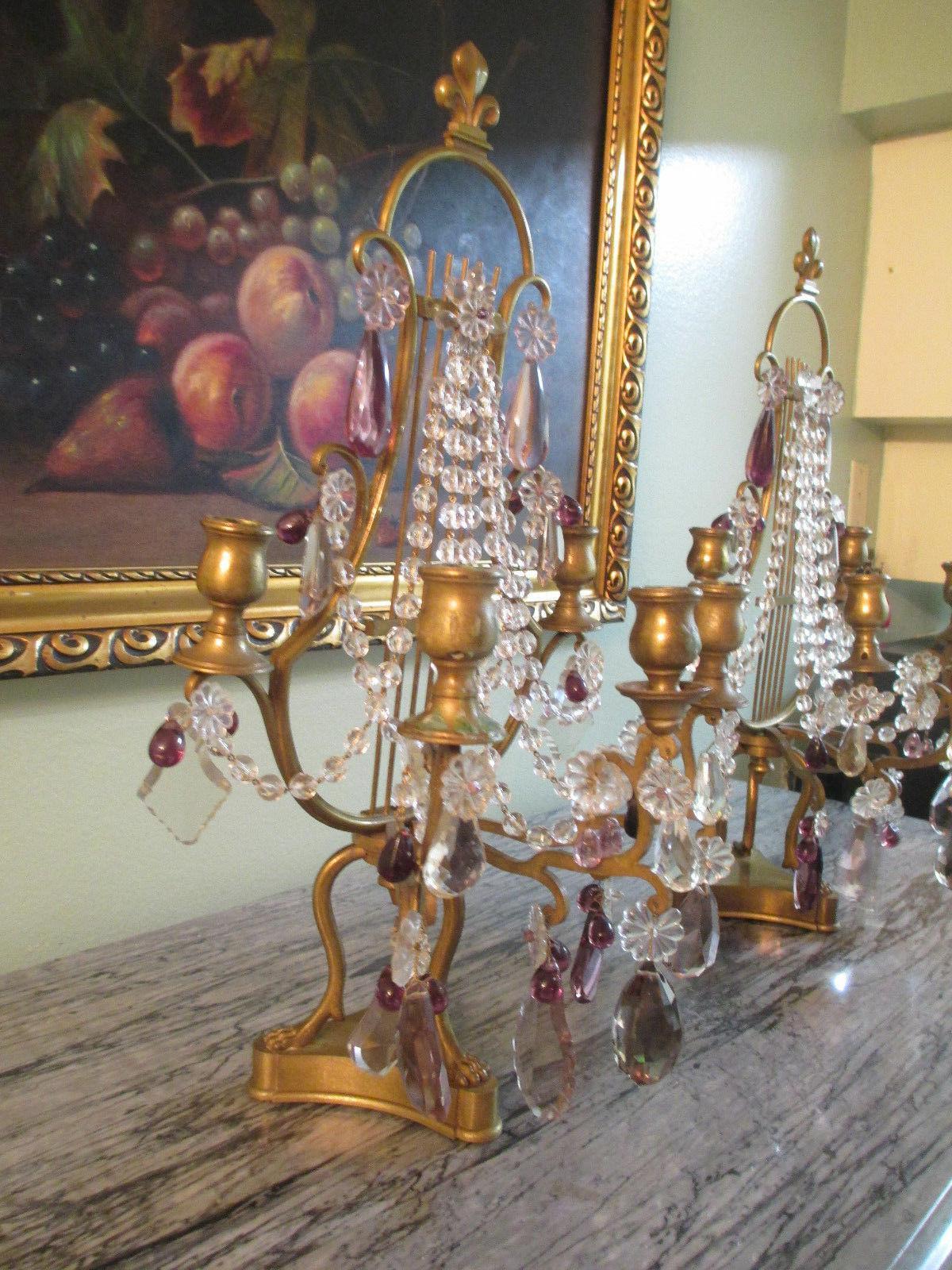 Pr 9thc French Louis XVI style 5 Light Bronze Lyre Back Candelabra / Table Lamps In Good Condition For Sale In Opa Locka, FL