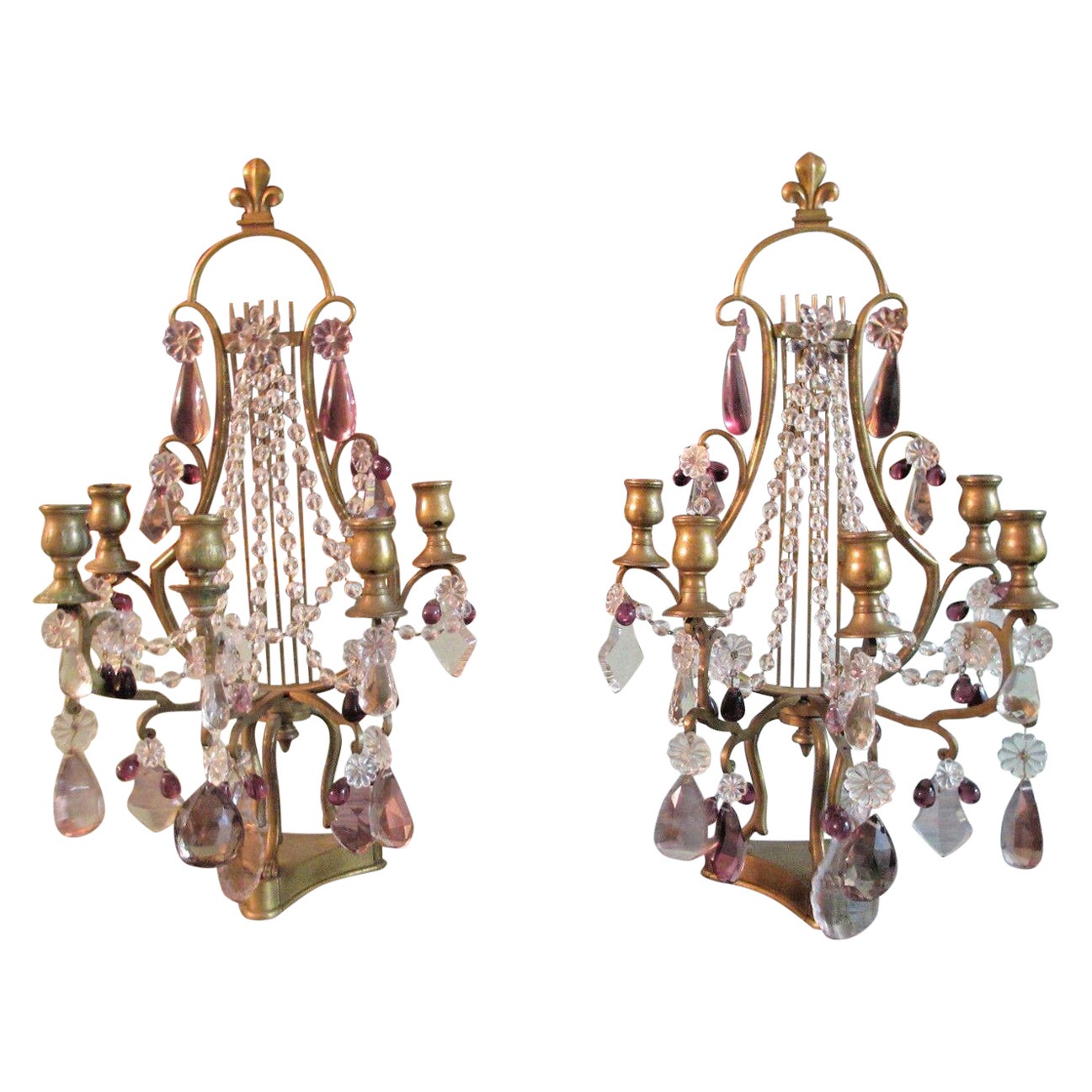 Pr 9. Jahrhundert Französisch Louis XVI Stil 5 Licht Bronze Leier Rücken Kandelaber / Tischlampen im Angebot
