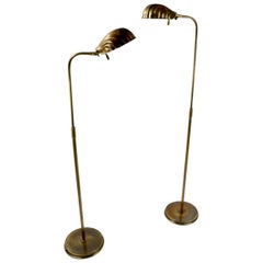 Vintage Pair of Adjustable Brass Shell Shade Floor Lamps